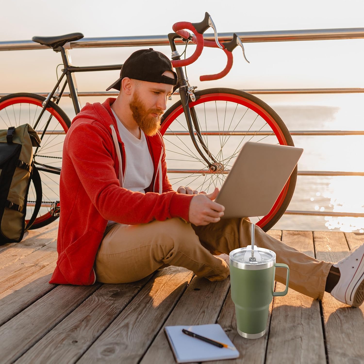 30 oz Tumbler With Handle, Double Wall Stainless Steel Vacuum Insulated Travel Mug with Splash-Proof Lid Metal Straw and Brush (Olive) - Image 6