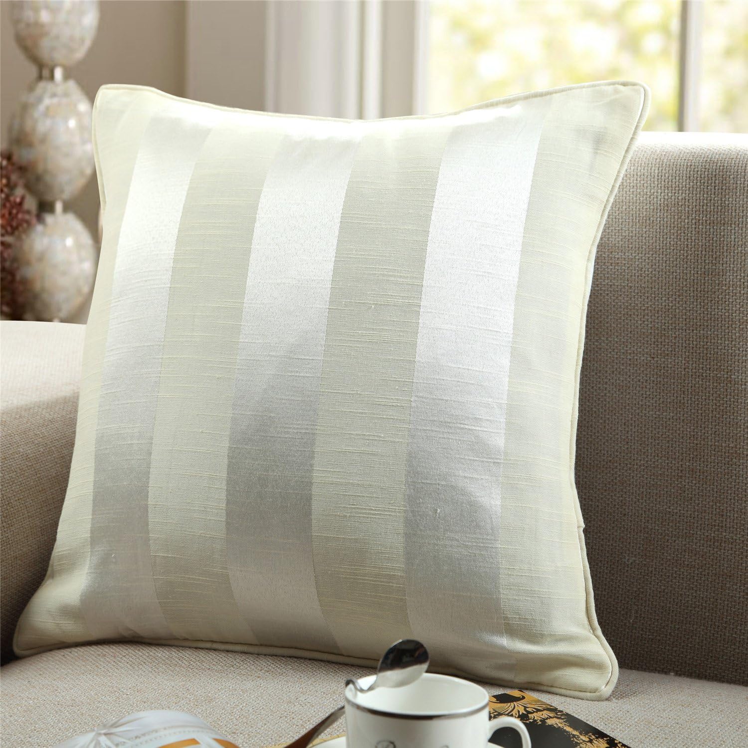 GyroHome Pack of 2 Cotton Jacquard Strips Cushion Covers Three Colors (60 x 60, White)