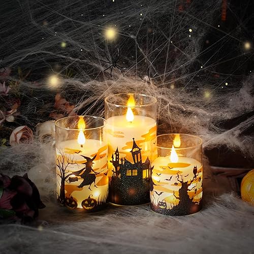 Miniatura 5 de Velas sin llama de Halloween con control remoto, velas LED naranjas y tira de luces, carcasa de cristal, juego de 3 unidades (3 pulgadas de