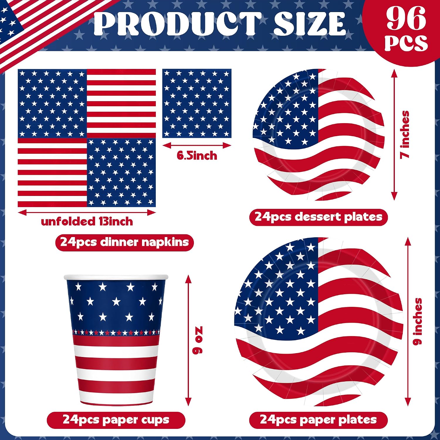 96 Pcs 4th of July Party Supplies Set, 250th Anniversary American Flag Patriotic Plates Napkins Cups, Disposable Red White Blue Star and Striped Dinnerware for Independence Day Memorial Day Decor