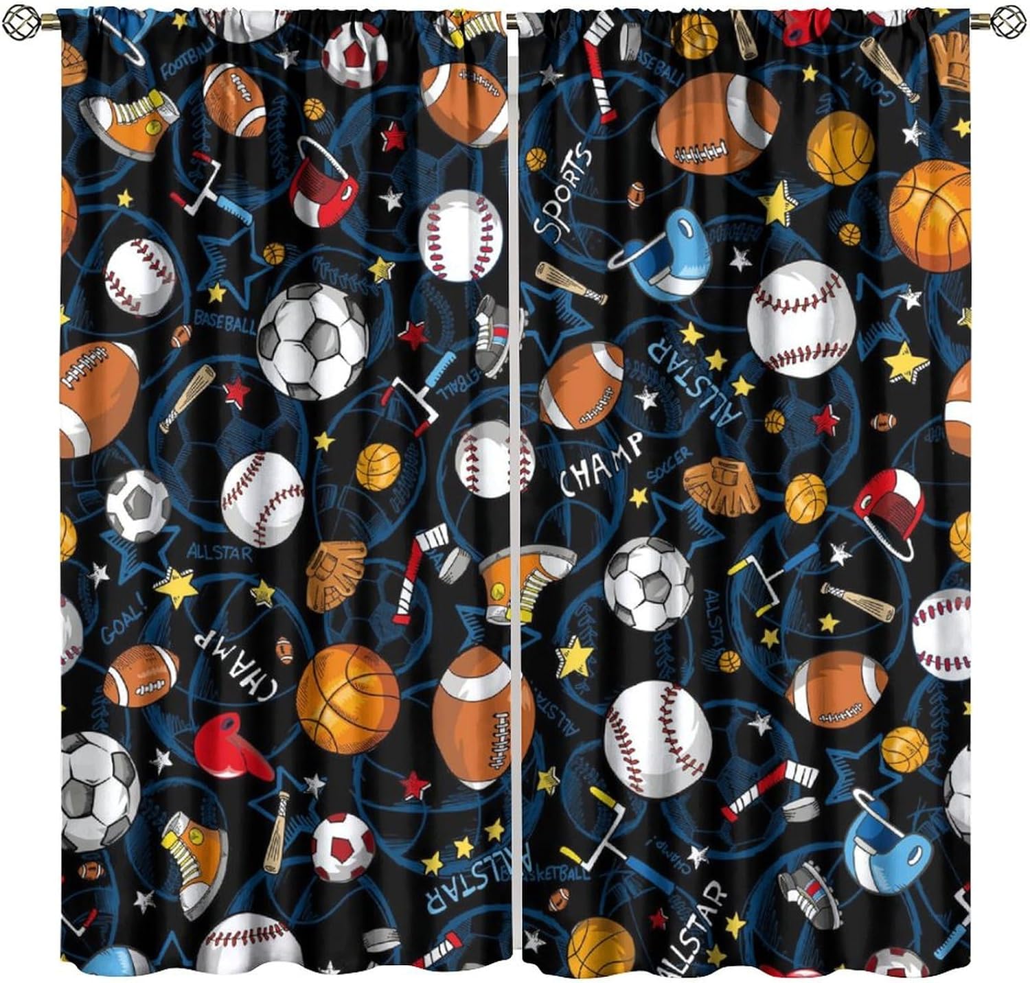 Sports Ball Kids Curtain, American Football and Basketball Blackout Curtains, Teens Basketball Black Theme Window Treatments Drapes for Boys Bedroom Kid Room Nursery Decor 84" W x 84" L