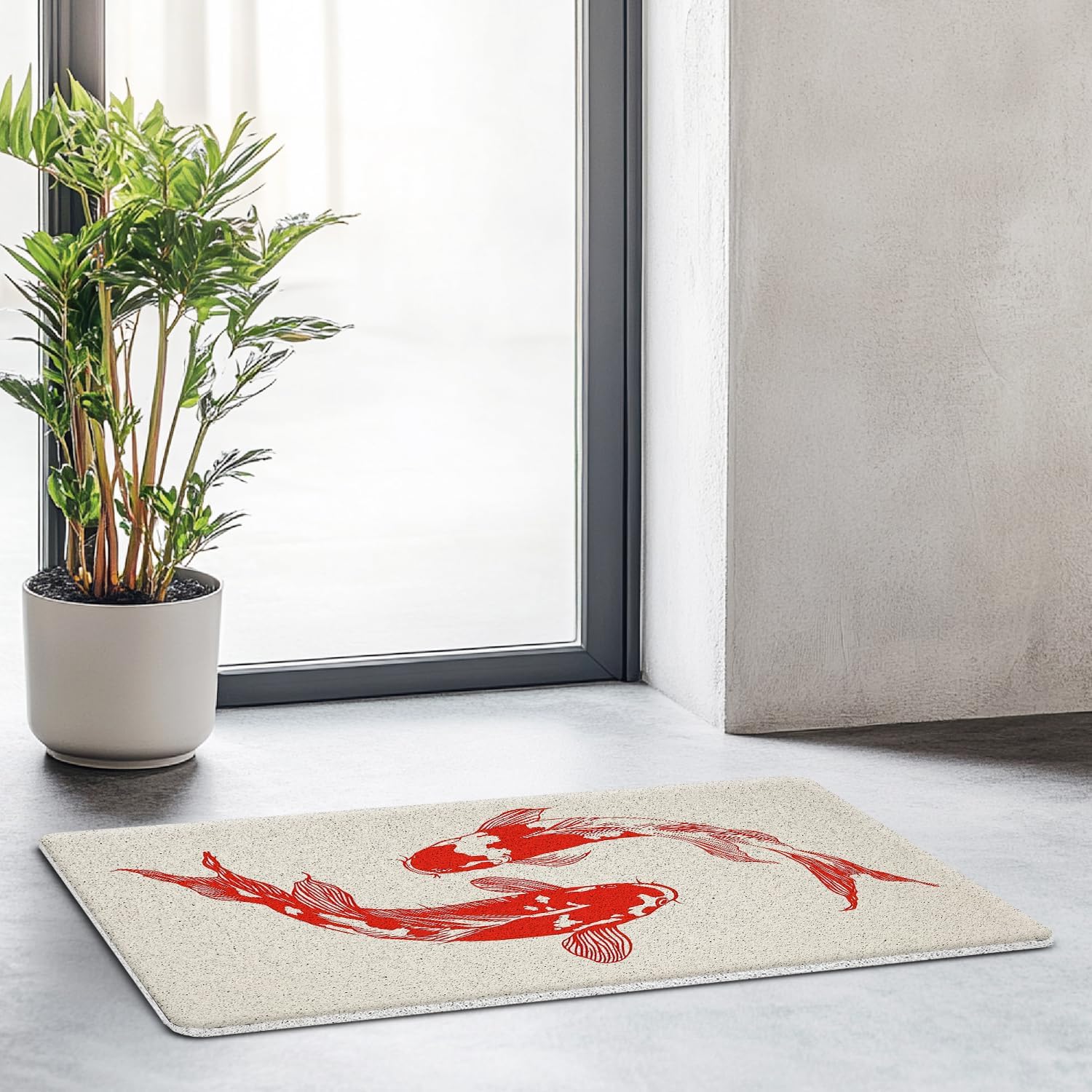 JINYO Japanese Red Koi Doormat, Oriental Asian Lucky Red Fish Welcome Doormat for Front Door Porch Indoor Outside Entrance Entryway, Koi Fish Bathroom Rug, 17x30 Inch