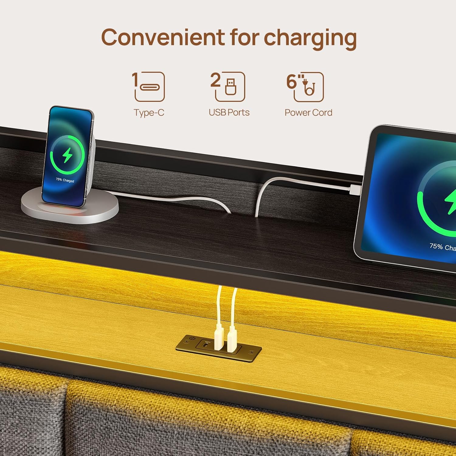 Rolanstar Bed Frame Full Size with Charging Station and LED Lights, Upholstered Storage Headboard with Drawers, Heavy Duty Metal Slats, No Box Spring Needed, Noise Free, Easy Assembly, Dark Grey - Image 7