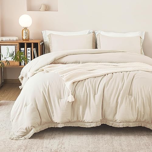 Miniatura 2 de Litanika Juego de edredón beige Queen de 3 piezas, edredón ligero con borlas bohemias crema, para todas las estaciones, juego de edredón de color