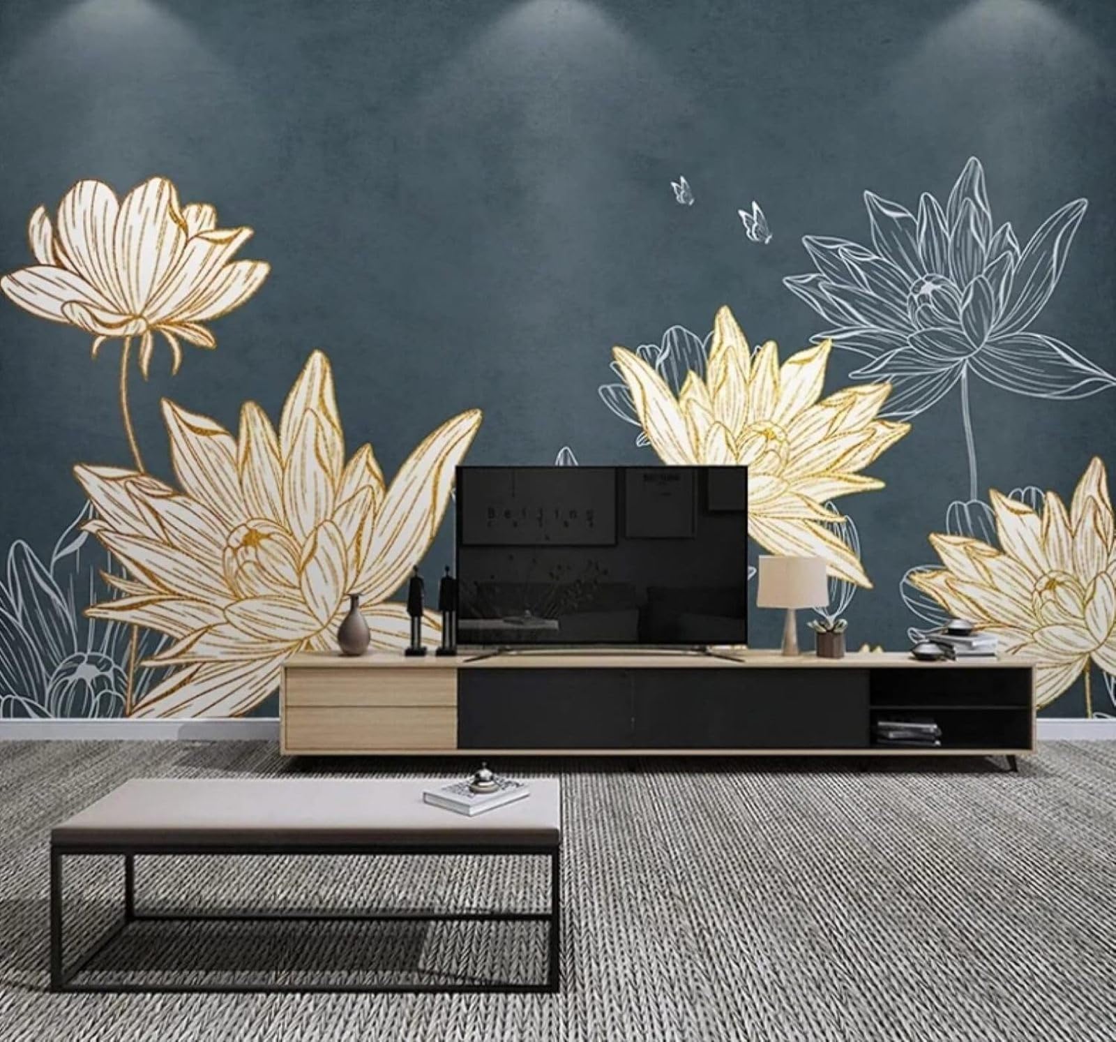 XLMING Retro Gold Lines Lotus Butterfly 3D Wallpaper Luxury Home Dining Decor Paste Sofa Living Room The Wall for Bedroom Mural-350cm×256cm