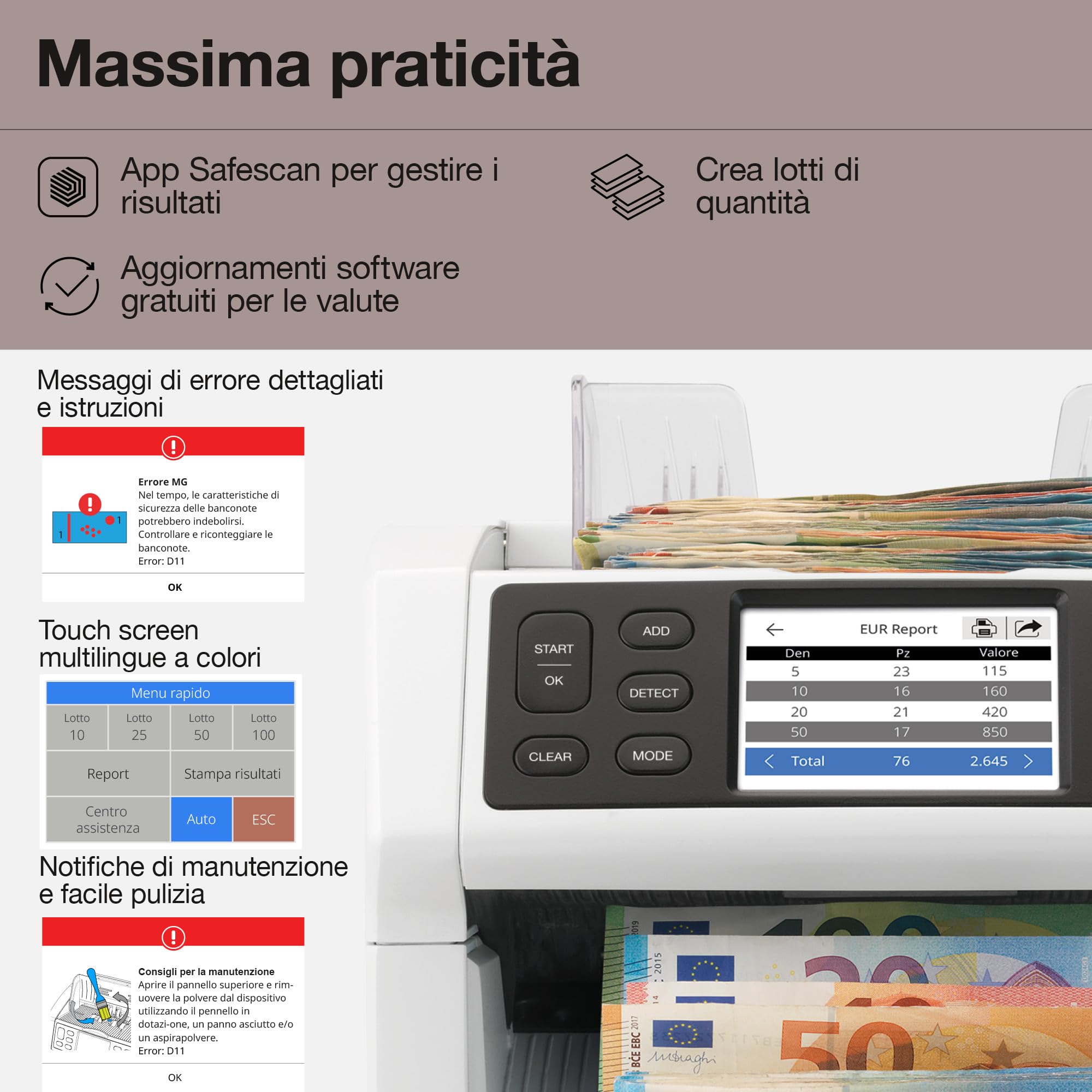 Safescan 2865-SC Contabanconote che conta il valore le banconote miste - Alimentazione continua - Contabanconote con rilevatore di denaro falso a 9 punti - Contasoldi con l'app gratuita Safescan