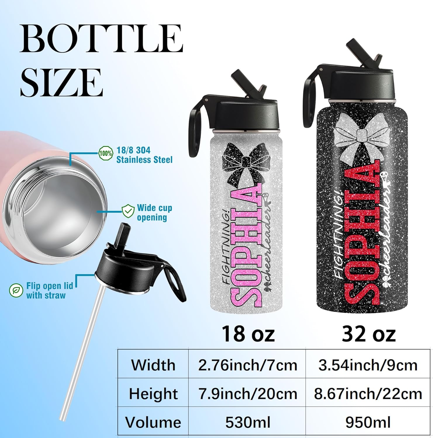 Personalized Cheerleader Water Bottles with Name 18 oz, Insulated Stainless Steel Sports Bottle with Spout Lidw, Cheerleader Gift Bulk for Team, Squad Gifts - Image 2
