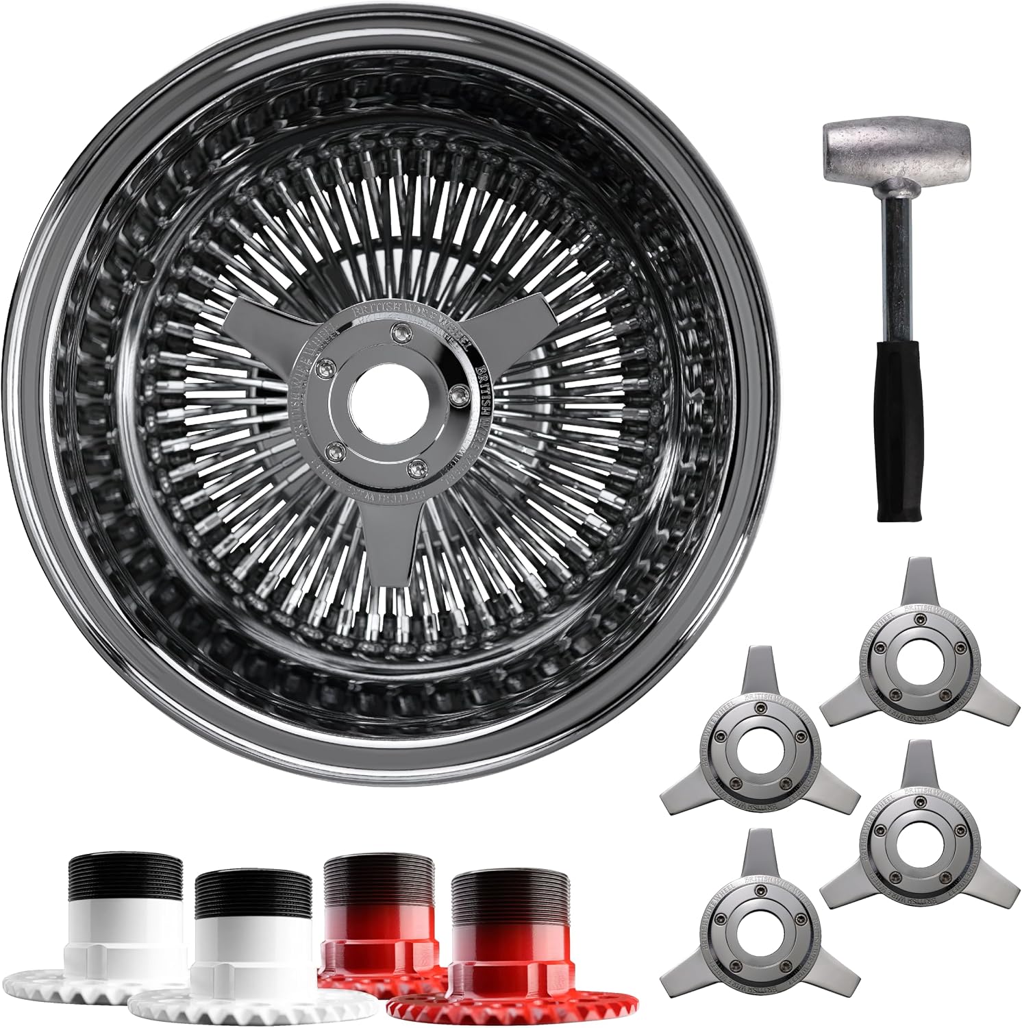 13x7 Reverse 100 Spoke Straight Lace Wire Wheels + Zenith 3 Bar Cut Locking KO Spinner Caps + Locking Adapters 5x4.5, 5x4.75, 5x5 | Chrome Deep Dish Lowrider Rims | Set + Hammer