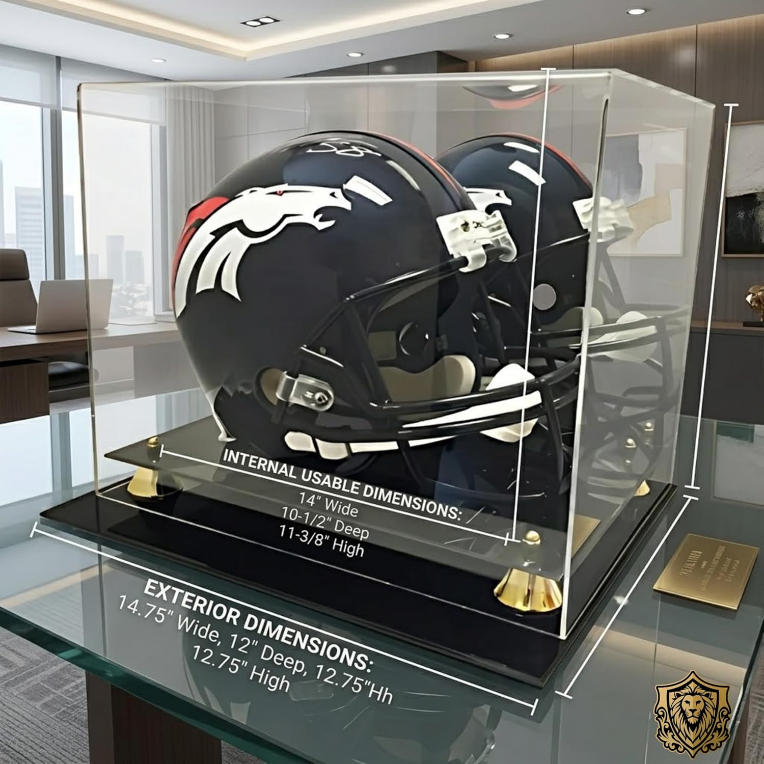 Max Protection Football Helmet Display Case - Full Size Acrylic with UV Protection - Mirrored Design, Gold Risers, Personalized Name Plate - Fits Adult & Youth Helmets - Black Two-Tiered Base
