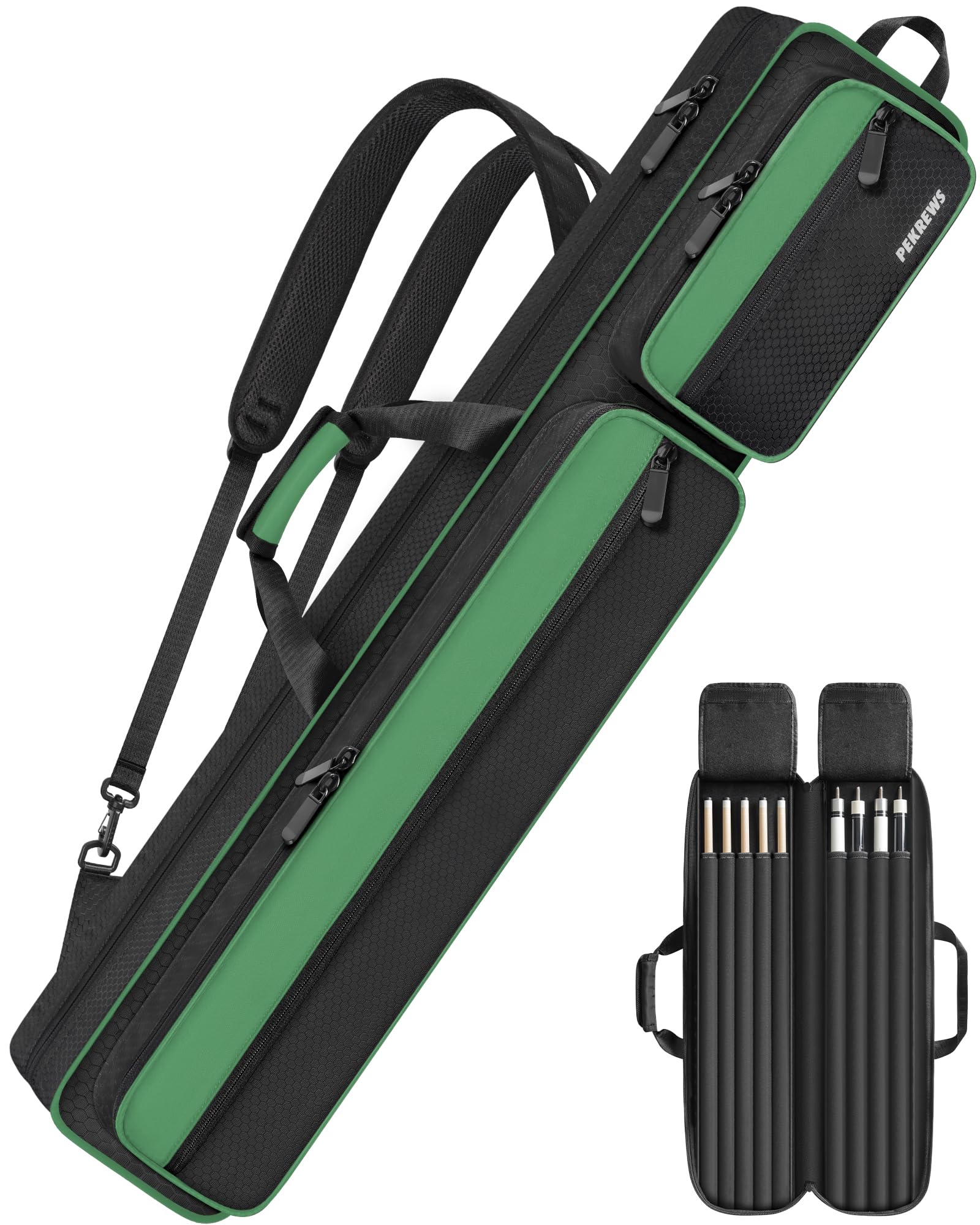 PEKREWS Billardqueue-Tasche, 10 x 13 cm, mehrere Taschen, 4 Schläger, 5 Daten, gepolstert, weich und robust, mit verstellbaren Schultergurten für Männer und Frauen