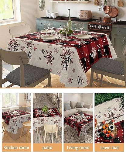 Miniatura 4 de Manteles cuadrados  redondos de copo de nieve de Navidad de 52 x 52 pulgadas, mantel a cuadros rojos y negros, sin arrugas, decoración de mesa para