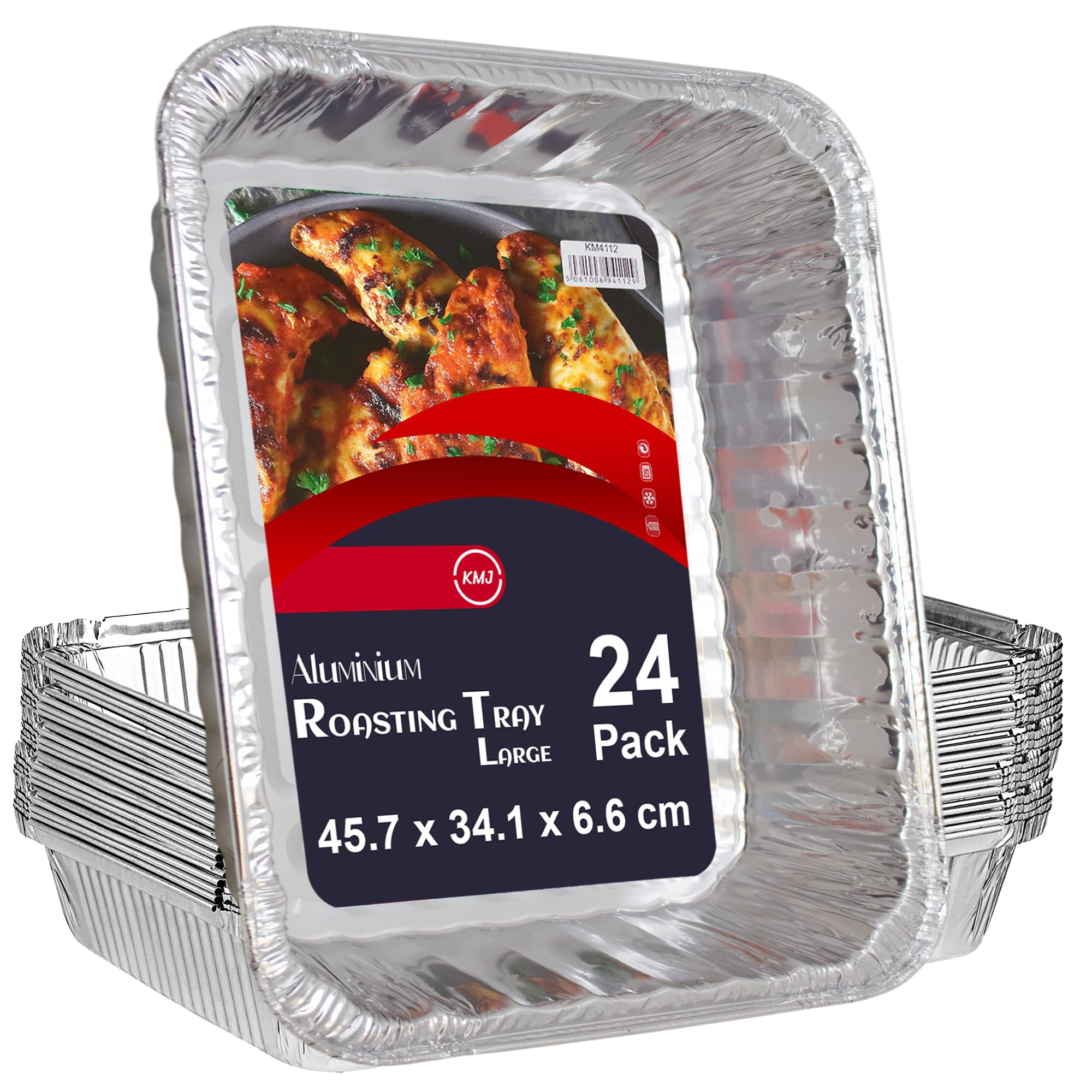 KMJ 24 Pack Heavy Duty X-Large Foil Trays (Size 46x34x7 cm) |Premium Aluminium Foil Tray |Heavy-Duty Tin Foil Trays |Oven-Safe Traybake Tin |Large Foil Tray for Baking,Roasting & Catering |Recyclable