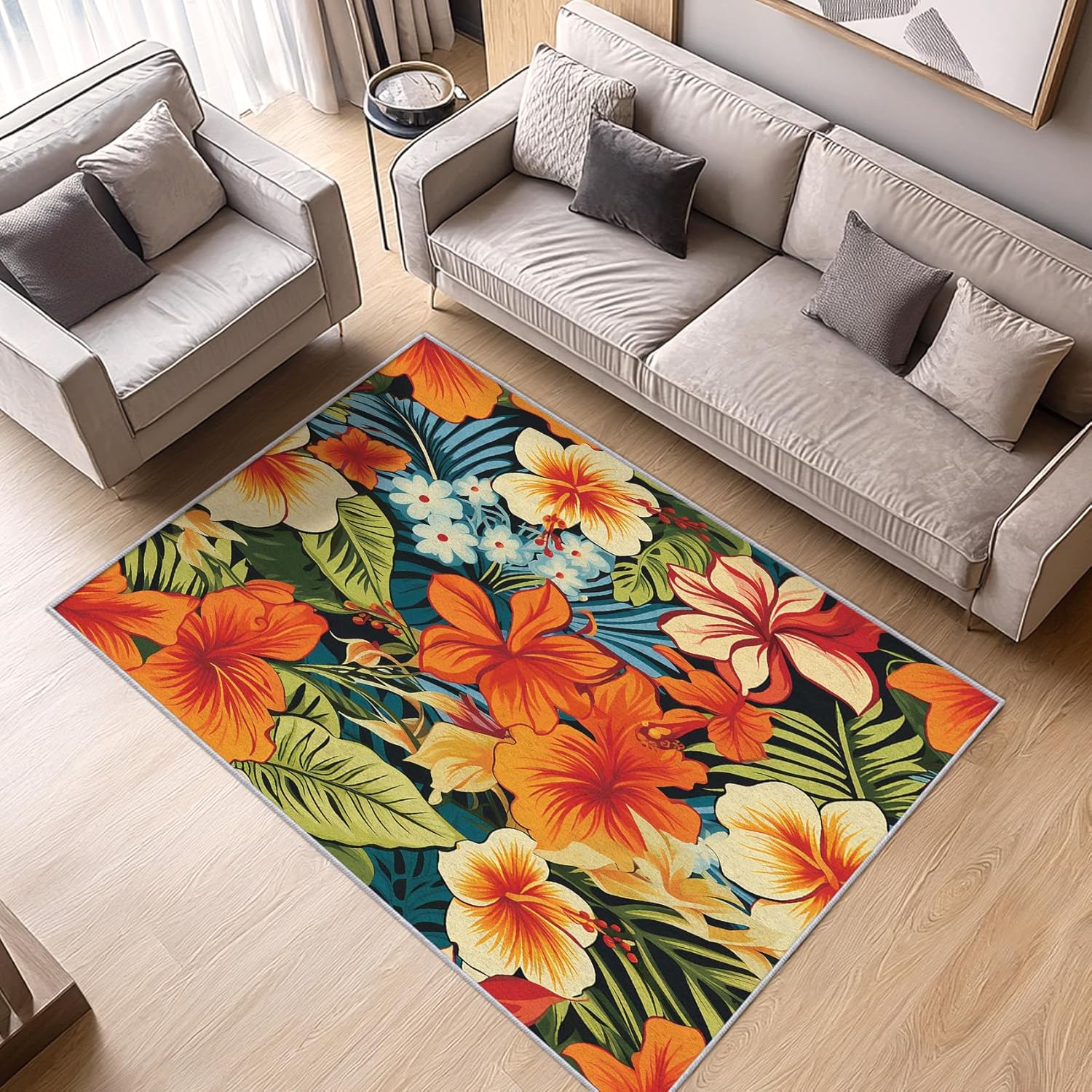 Yellow Floral Throw Rug 2x3, Washable Watercolor Flower Rugs for Entryway Bedroom Kitchen, Leaf Botanical Area Rug for Home Decor, Non Slip Backing Indoor Floor Mat Carpet with Gripper