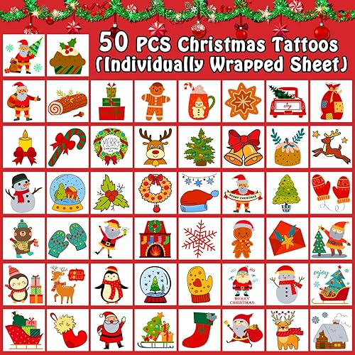 Miniatura 4 de Partywind Suministros de fiesta de Navidad para niños, 50 estilos de tatuajes temporales cortados individualmente para regalos de calcetines de