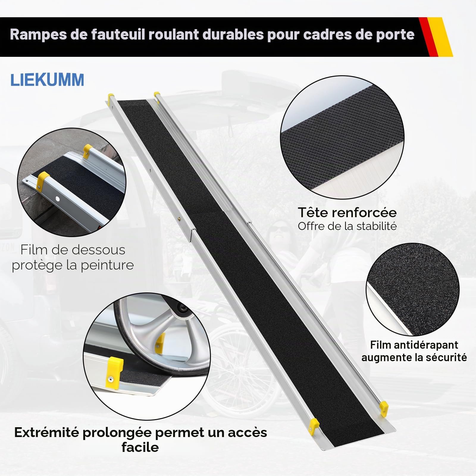LIEKUMM Rampe télescopique pour fauteuils roulants de 105 à 183 cm, capacité de charge de 300 kg, rampe télescopique pour seuils de porte, fauteuils roulants électriques, vélos, 3 longueurs