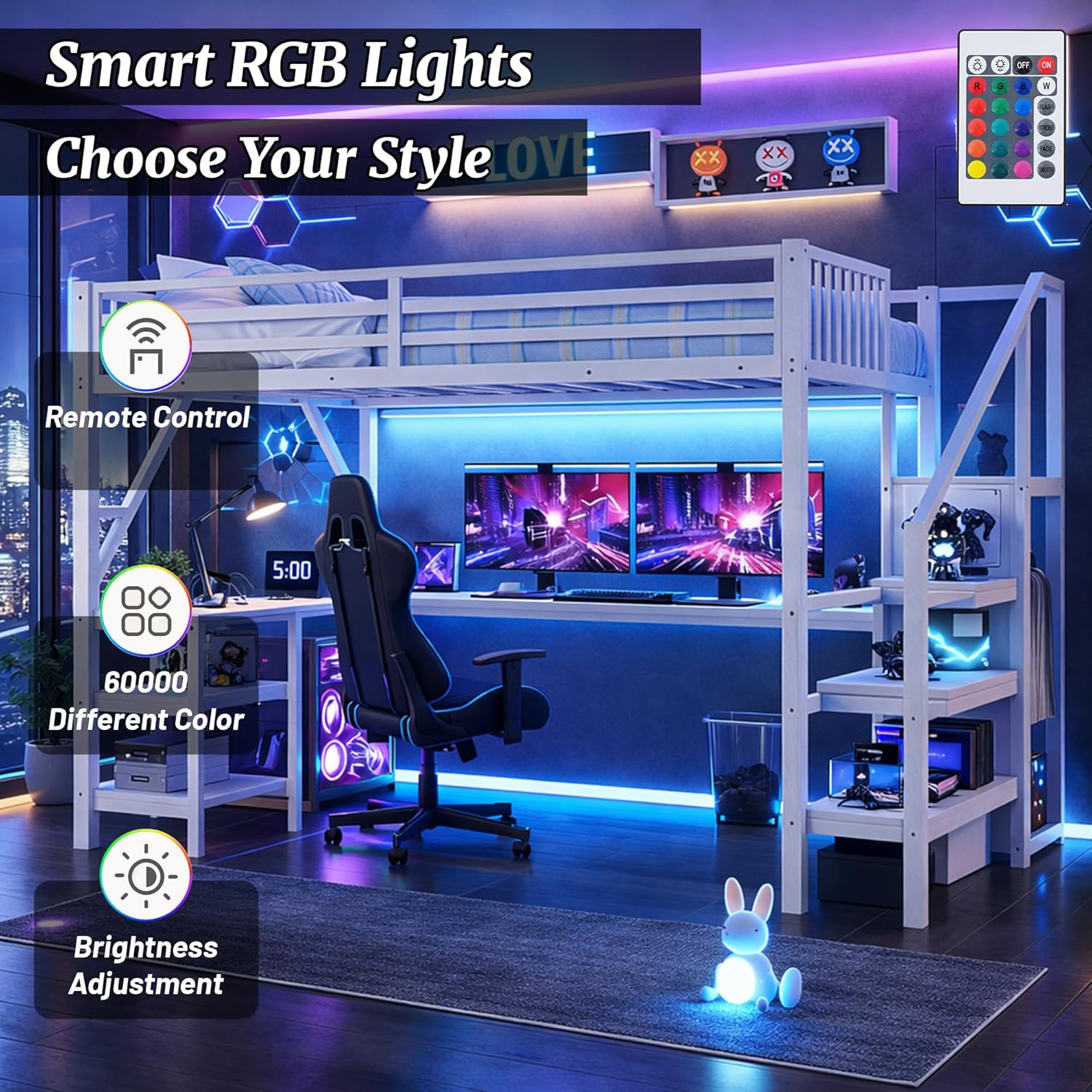 Full Size Loft Bed with Desk and Stairs, Metal Loft Bed Full Size with Wardrobe and LED Light, Built-in Charging Station, Loft Full Size Bed for Adults Kids Teens, White