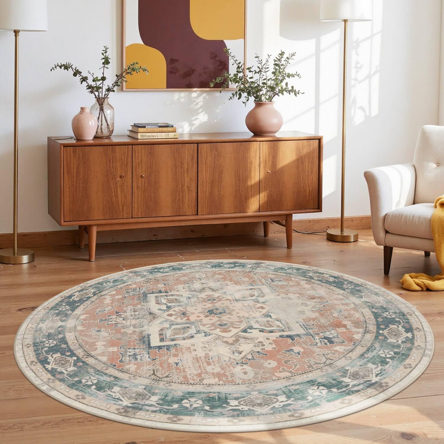 Rugxara 4ft Circle Rug, Soft Round Boho Rug, Washable Non Slip Area Rug for Living Room, Bedroom, Dining Room, Entryway, Round Rugs for Home, Patio,