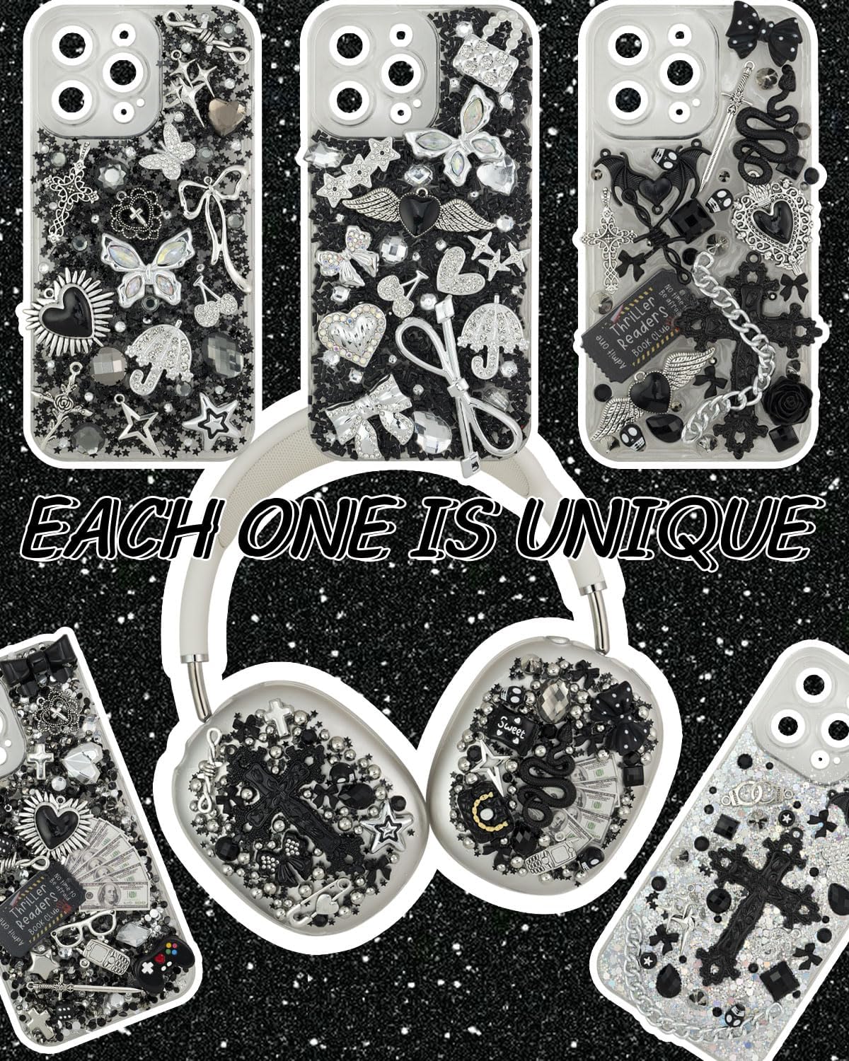 DoDoBeads 2250 Pcs Black Silver Junk Case Charms Kit, Cool Charms for Junk Cases, Big Cross, Bat, Snake, Spiked Heart, Chains, Dollar Charm, Black Letter Beads, Silver Studs, Glitter Confetti