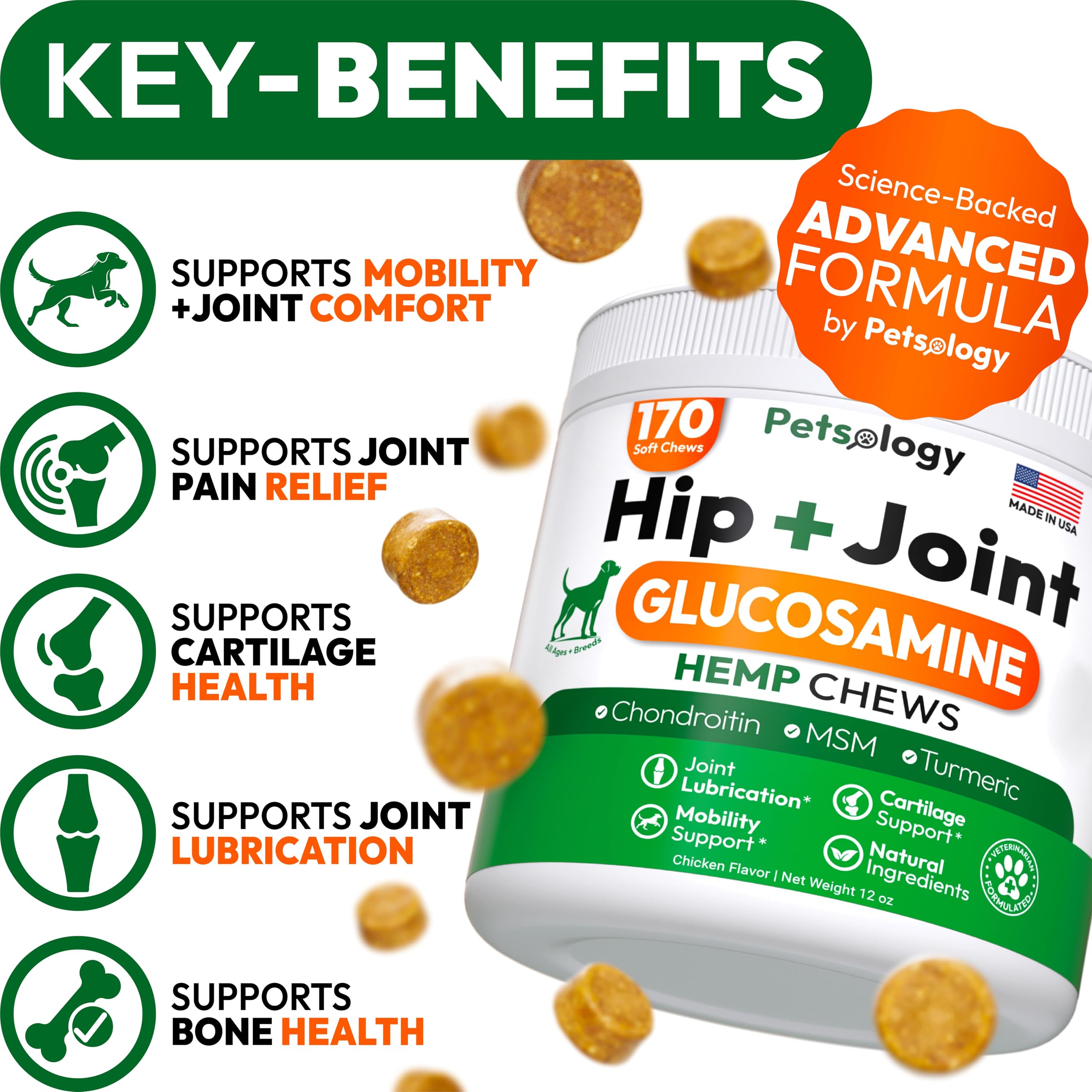 Hemp Hip and Joint Supplement for Dogs - Glucosamine for Dogs - 170 Mobility Support Chews - Advanced Joint Pain Relief Treats with Chondroitin, MSM, Turmeric - Large & Small Breeds - Made in USA - image 2