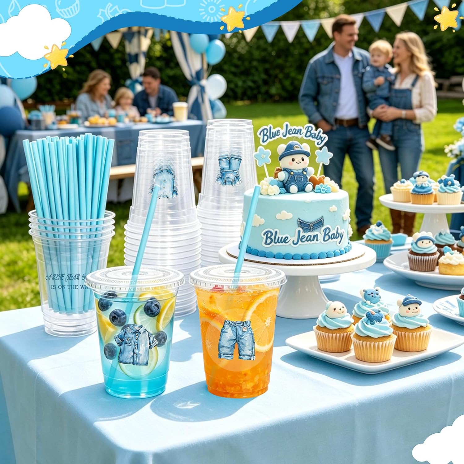 50 Set Blue Jean Baby Shower Decorations, 12oz Blue Jean Plastic Cups with Lids Straws Stickers, Denim Themed Party Disposable Beverage Cups for Boho Rustic Country Birthday Baby Shower Party Supplies