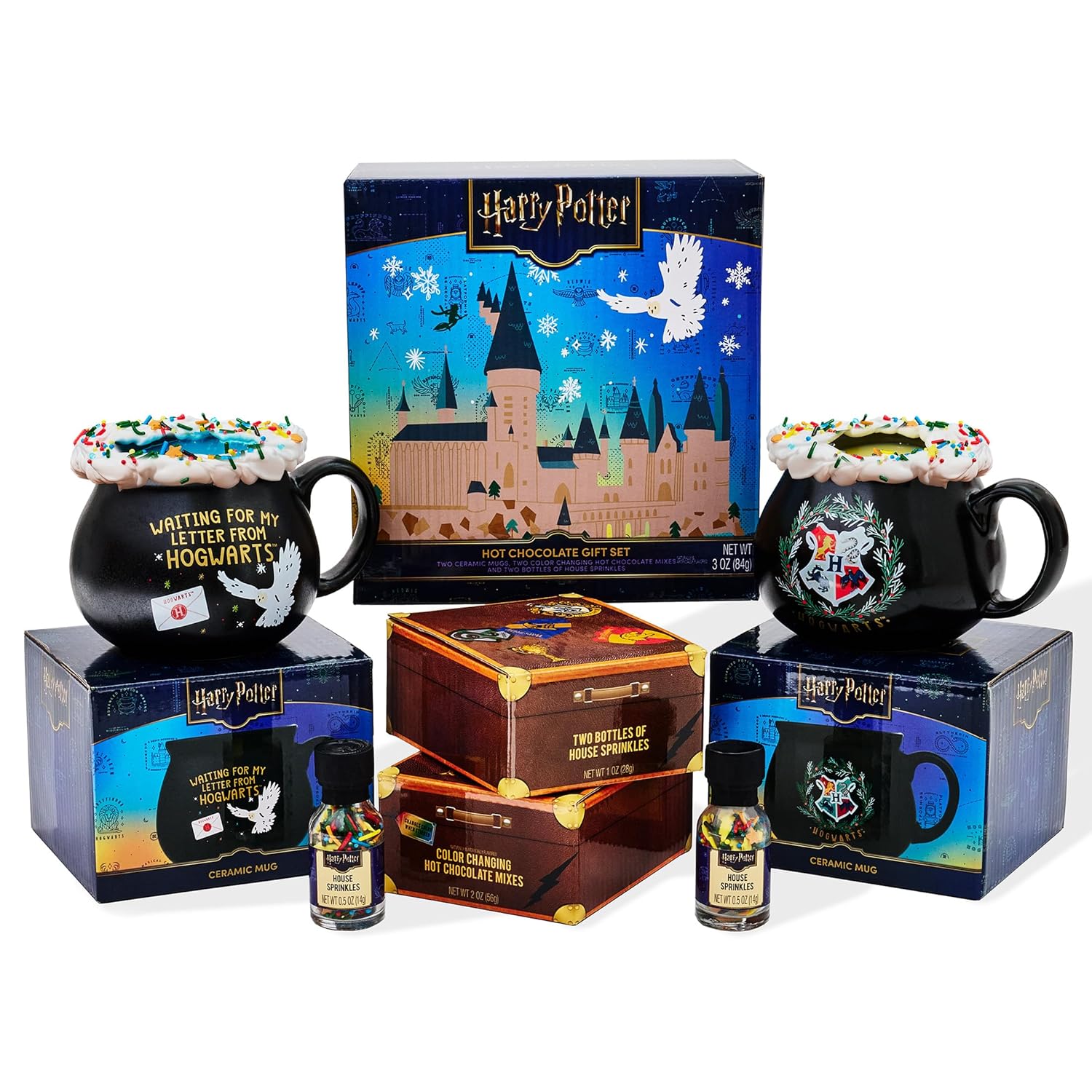 HARRY POTTER Hot Chocolate Mug Gift Set, Includes 2 Color Changing Hot Chocolate Mixes, 2 House Sprinkles, and 2 Cauldron Mugs, Officially Licensed, HARRY POTTER Collection