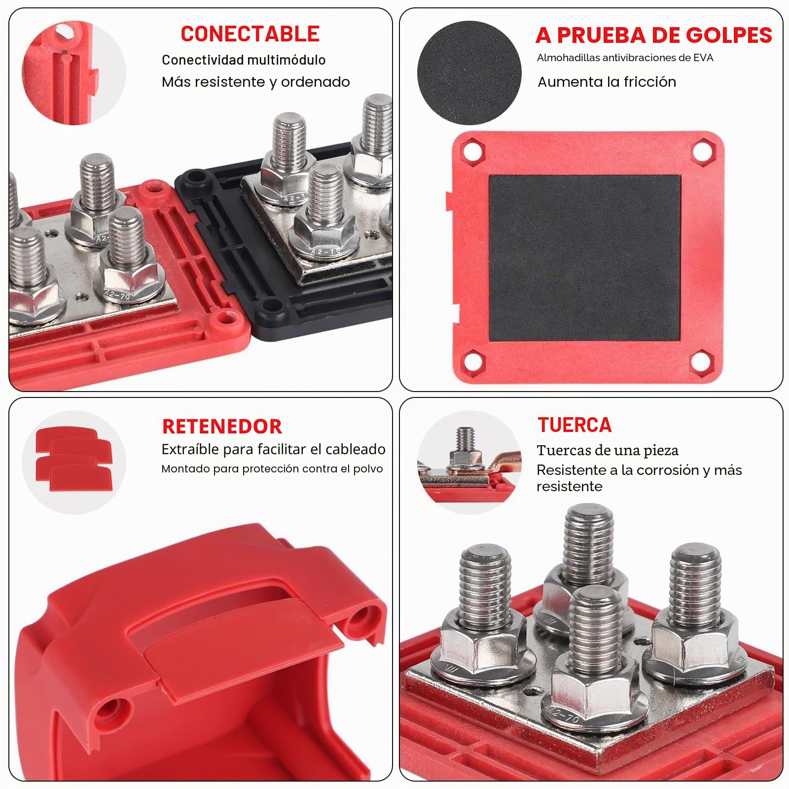 400A Bloques de Distribución de Energía 12V-48V, Caja de Distribución de Barra Colectora, BusBar con 4 Pernos de Terminal M10 para Coche, Camión, RV, Coche, Barco Rojo Negro 2 Piezas
