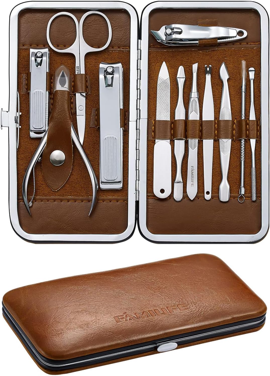 Manicure Set, Professional Nail Kit Nail Clipper Set, 12PCS Stainless Steel Manicure Kit, with Brown Leather Travel Case Luxury Gifts for Him