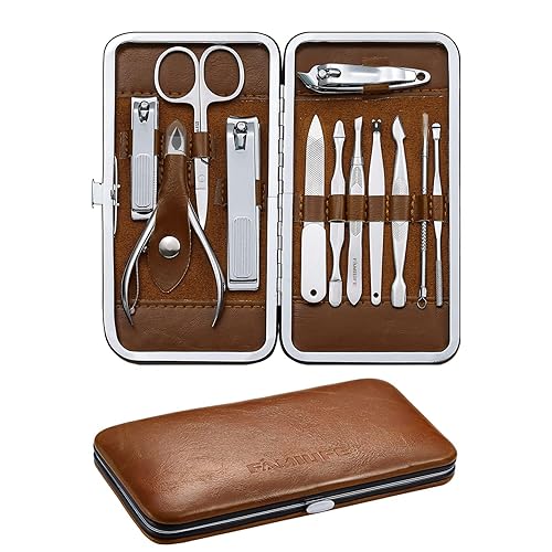 FAMILIFE Juego de manicura, kit profesional de cortaúñas, 12 piezas de acero inoxidable, con estuche de viaje de cuero marrón, regalos de lujo para