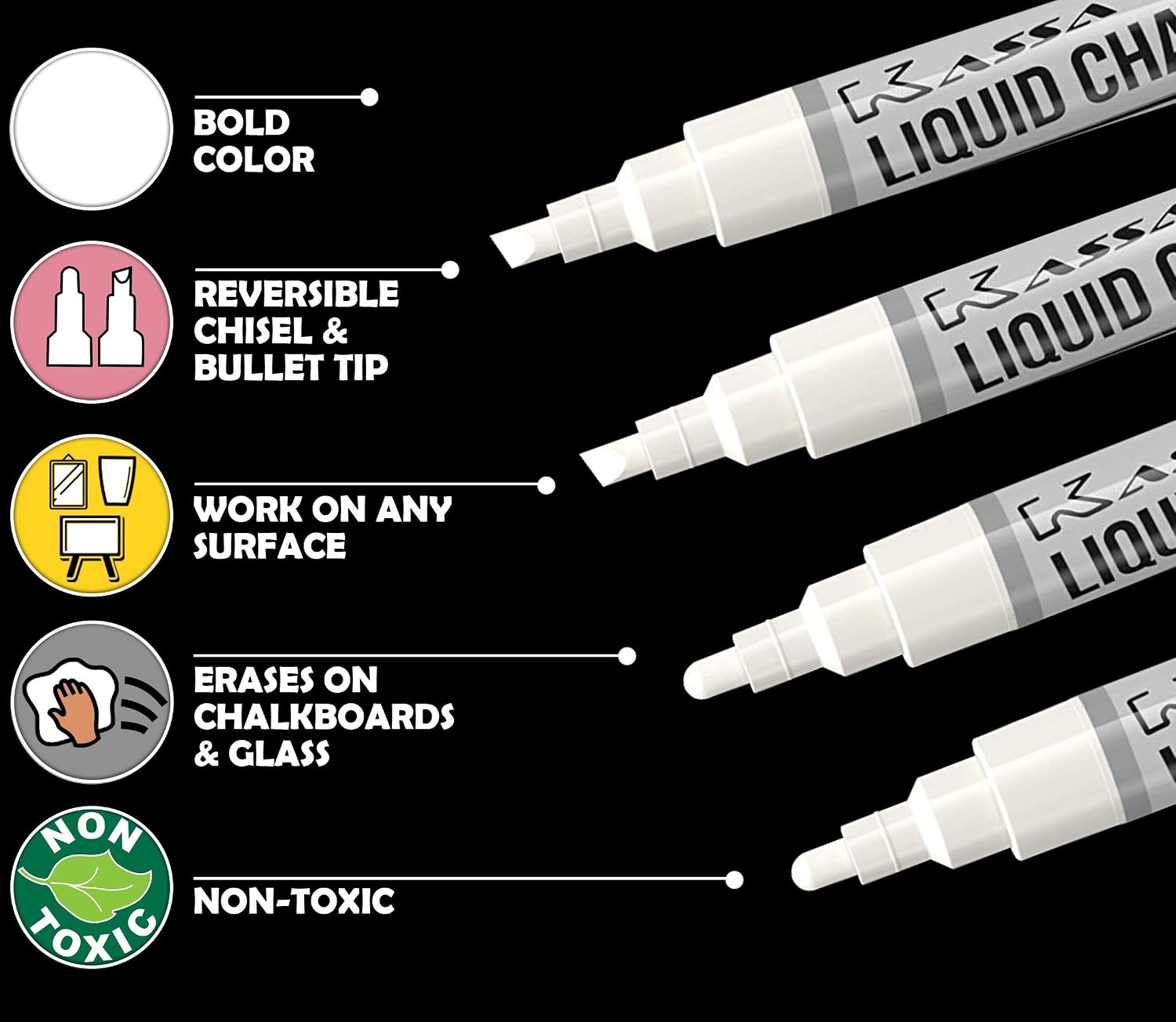 Kassa Chisel and Bullet Dual Tip Marking Pen, 4-Pack Erasable White Liquid Chalk Markers, for Chalkboard, Windows, Glass or Mirrors & More; Non-Toxic Washable Marker Pens with Reversible Dual Tip!