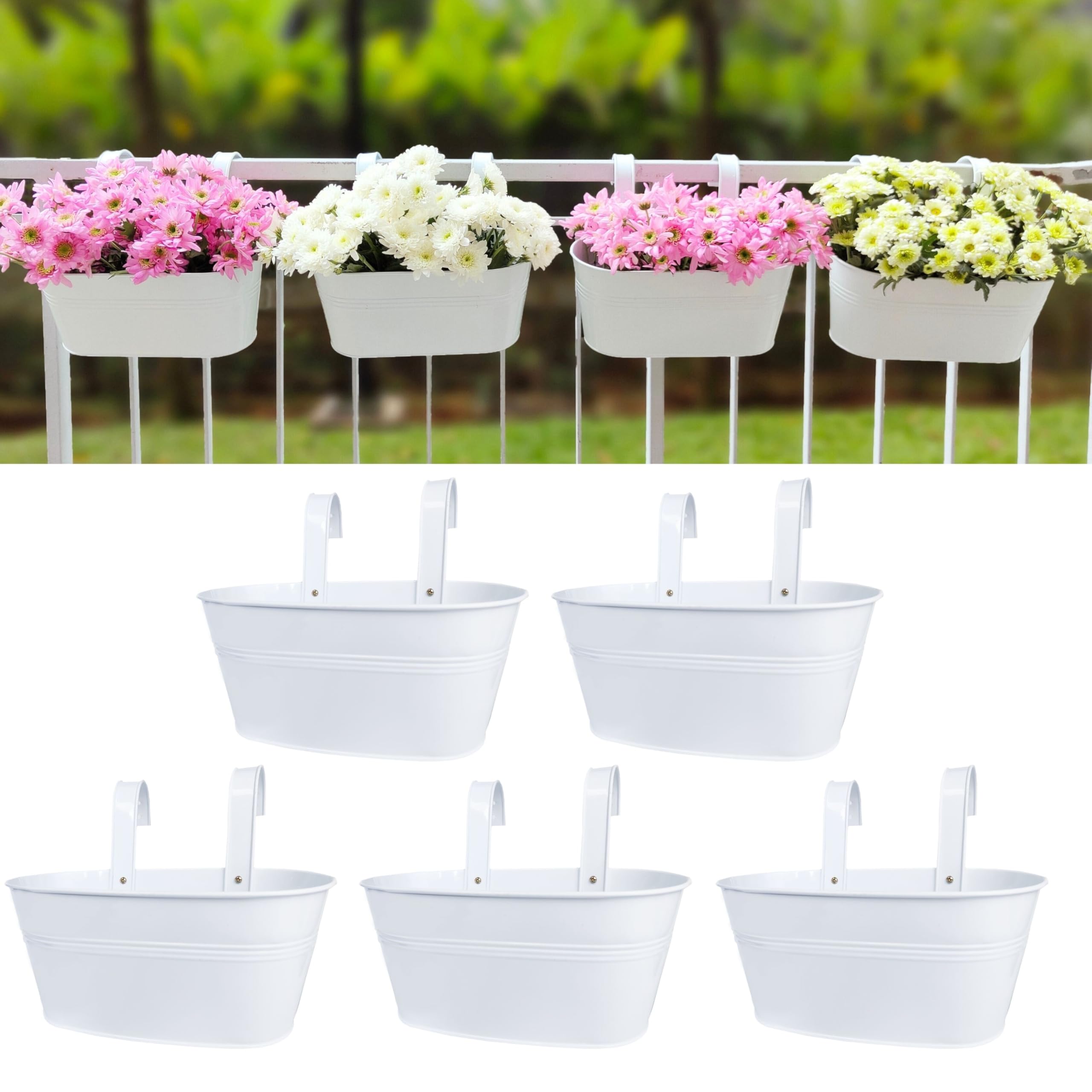 LaLaGreen Outdoor Plants Rail Planter (11.2 Inch, 5 Pack) White Metal Iron Hanging Flower Pots Deck Railings Fence Balcony Modern Boho Style Wall