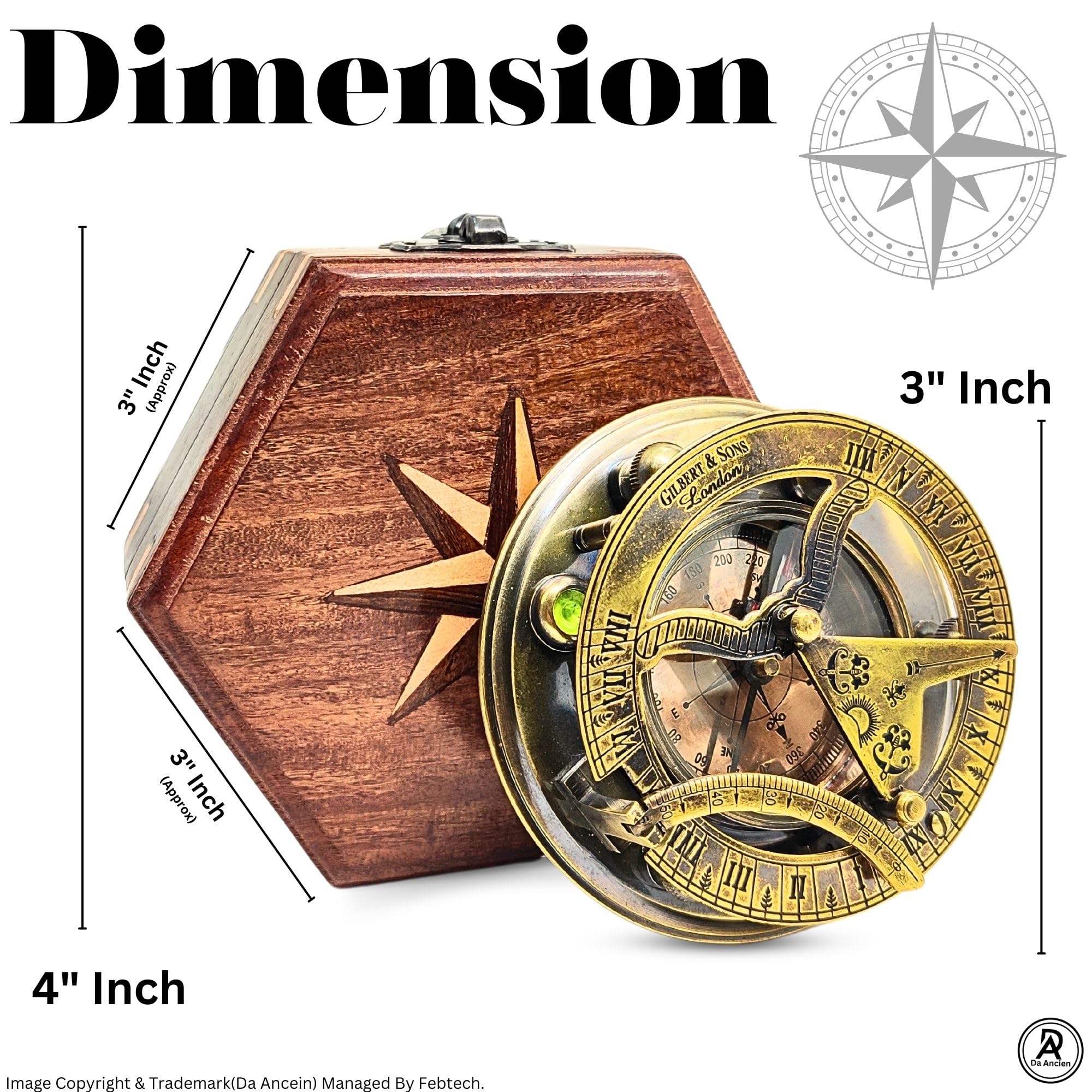 DA ANCEIN Antique Brass Sundial Compass with Wooden Box - Vintage Nautical Navigation Tool