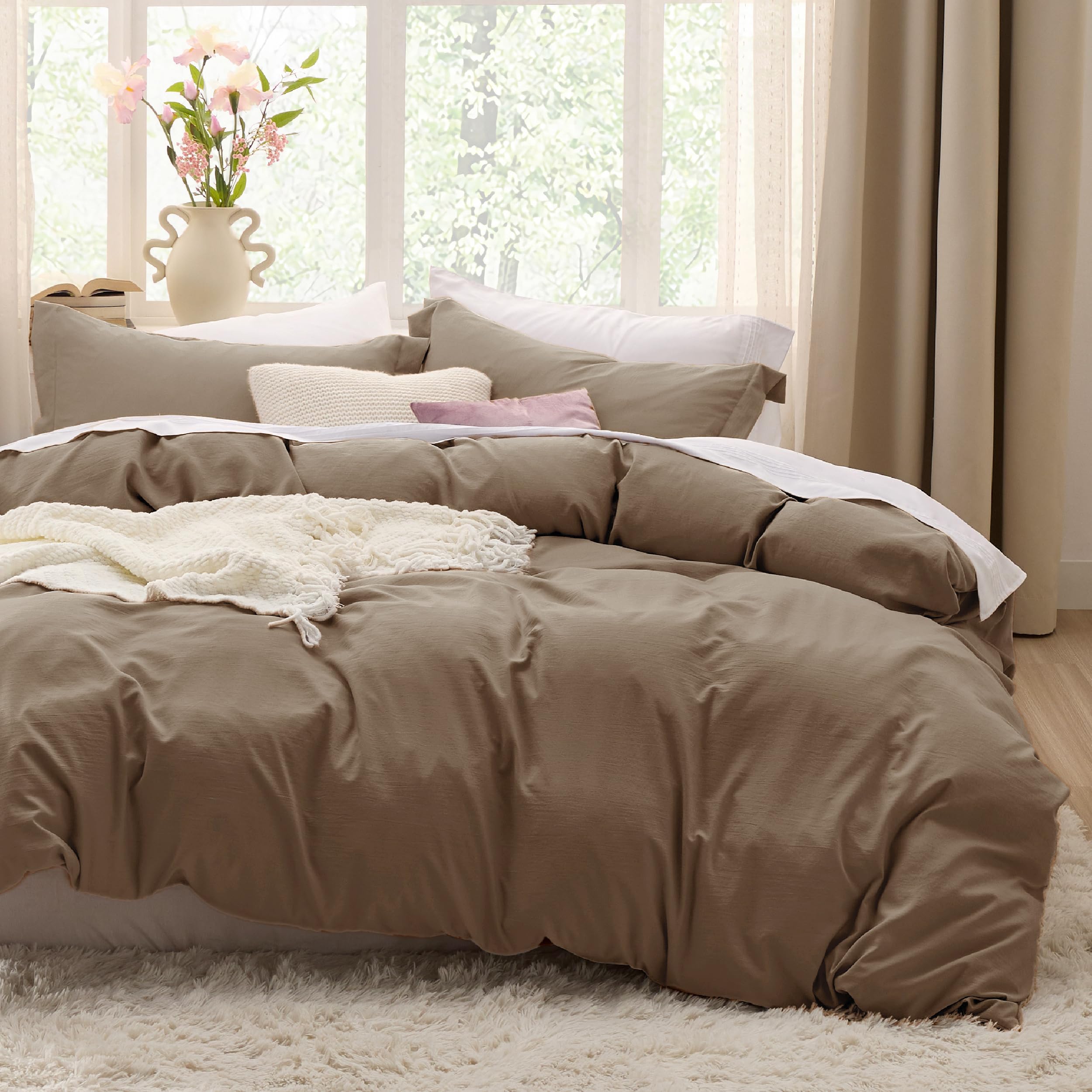 Bedsure Prewashed Duvet Cover Full, Cotton-Like Soft Bedding Set, Brown | Ultra Soft, Relaxed Texture, Breathable Comfort, Hidden Zipper, 8 Corner Ties, Easy Care, OEKO-TEX Certified, Year-Round Use