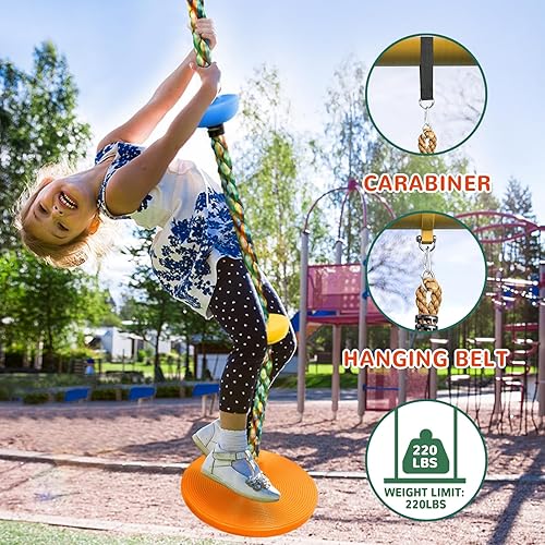 Miniatura 5 de Tree Swing - Cuerda de escalada arco iris, repuesto de asiento de disco giratorio resistente para niños con correa para colgar y mosquetones de