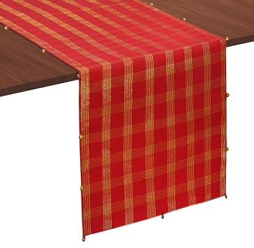 COTTON CRAFT Christmas Plaid Table Runner with Gold Metal Bells 13x72 inches Festive Red & Gold Cotton Tablerunner with Bell Trim - Holiday Table Decor Dining Room Xmas New Year Party