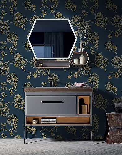 Miniatura 2 de Safiyya Papel tapiz de despegar y pegar de 393" x 17.3" pulgadas, papel de contacto dorado y azul, papel tapiz floral autoadhesivo removible para