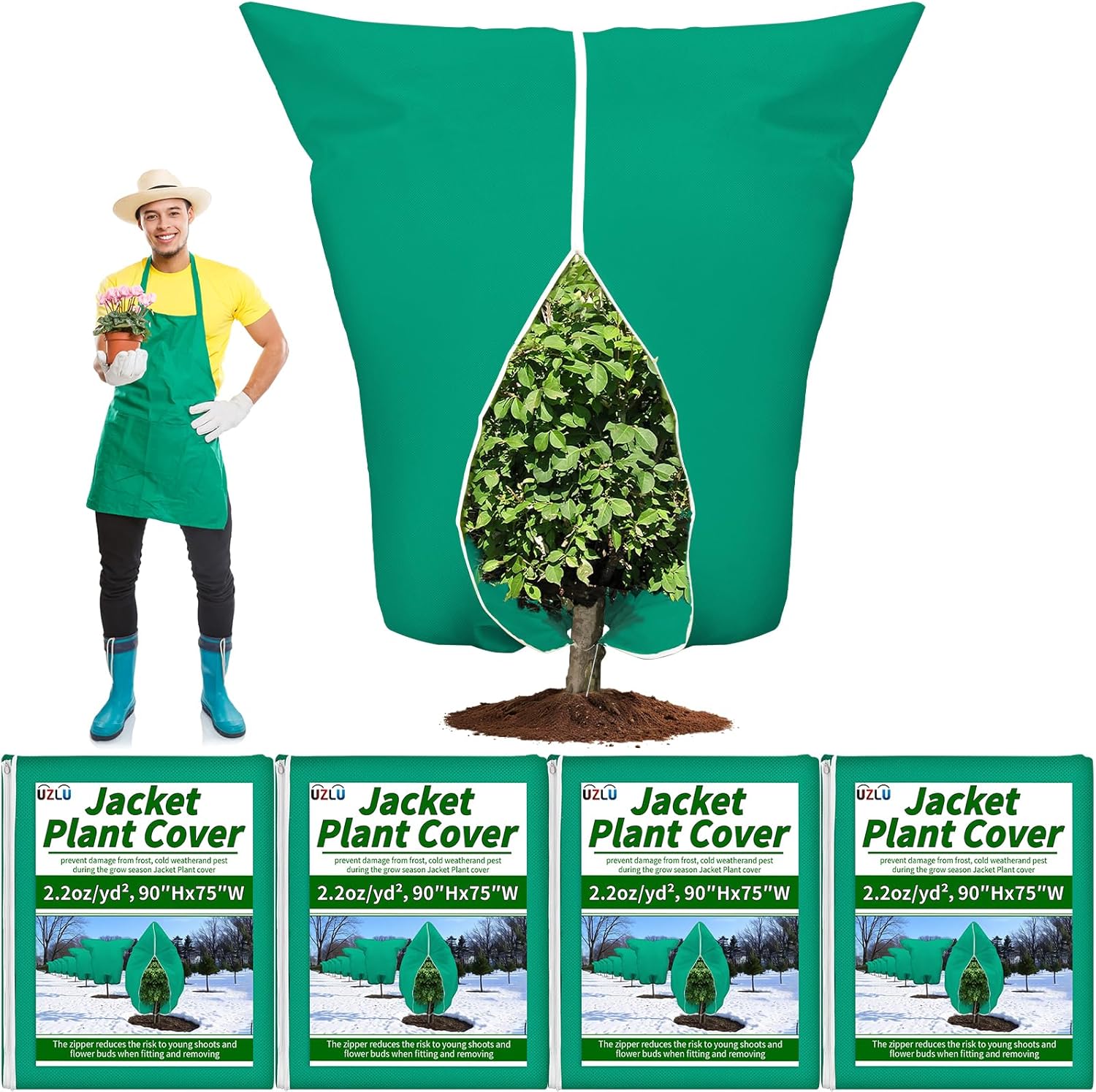 4 Pack Plant Jacket Covers Freeze Protection,90"x75" Winter Zipper Drawstring Plant Frost Covers 2.2oz/yd², Thicken Frost Cloth Blankets for Outdoor Plants Cold Weather Frost Protection 90?Hx75?W-4 pcs green