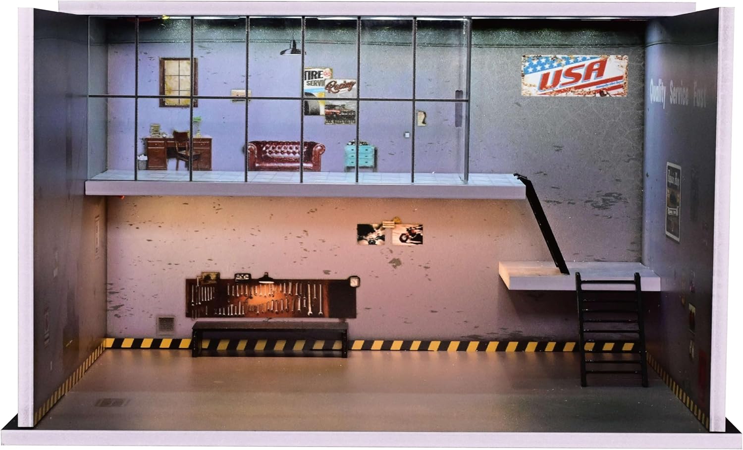 Diorama 1/64 Car Display Case Garage Repair Shop Model Fits for Hot Wheels Matchbox Mini GT Diecast Cars,Dimmable LED Lighting Car Maintenance Workshop Scene Display Case Model (American Workshop)