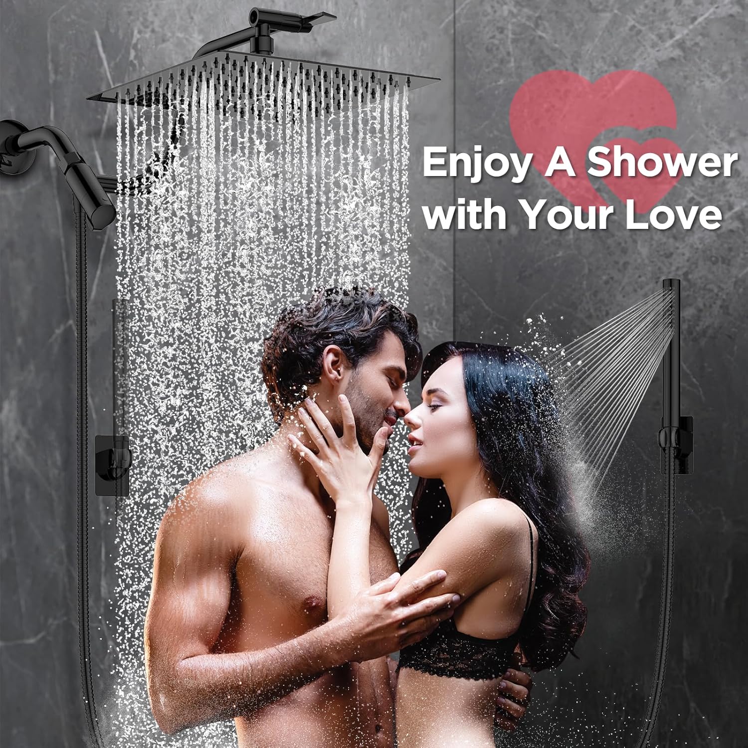 HOPOPRO 10” All Metal Rainfall Shower Head Combo with Handheld Spray, High Pressure Showerhead Combination, Adjustable Dual Showerheads with Extension Arm, Full-Body Coverage Shower Experience, Black