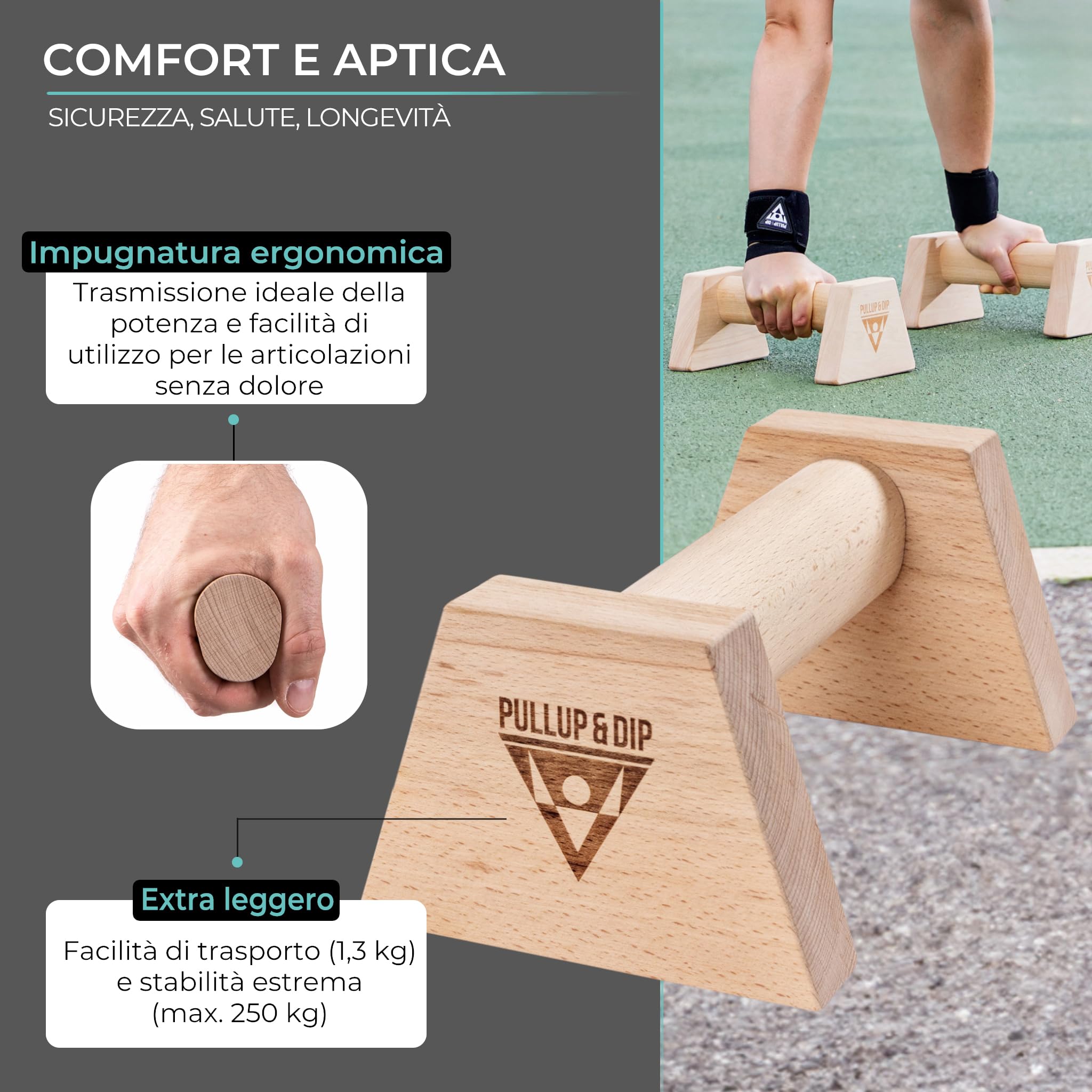 Barre per flessioni PULLUP & DIP in legno,per i polsi - maniglie ergonomiche per le mani, barre per flessioni antiscivolo per ginnastica ritmica, fitness e allenamento della parte superiore del corpo
