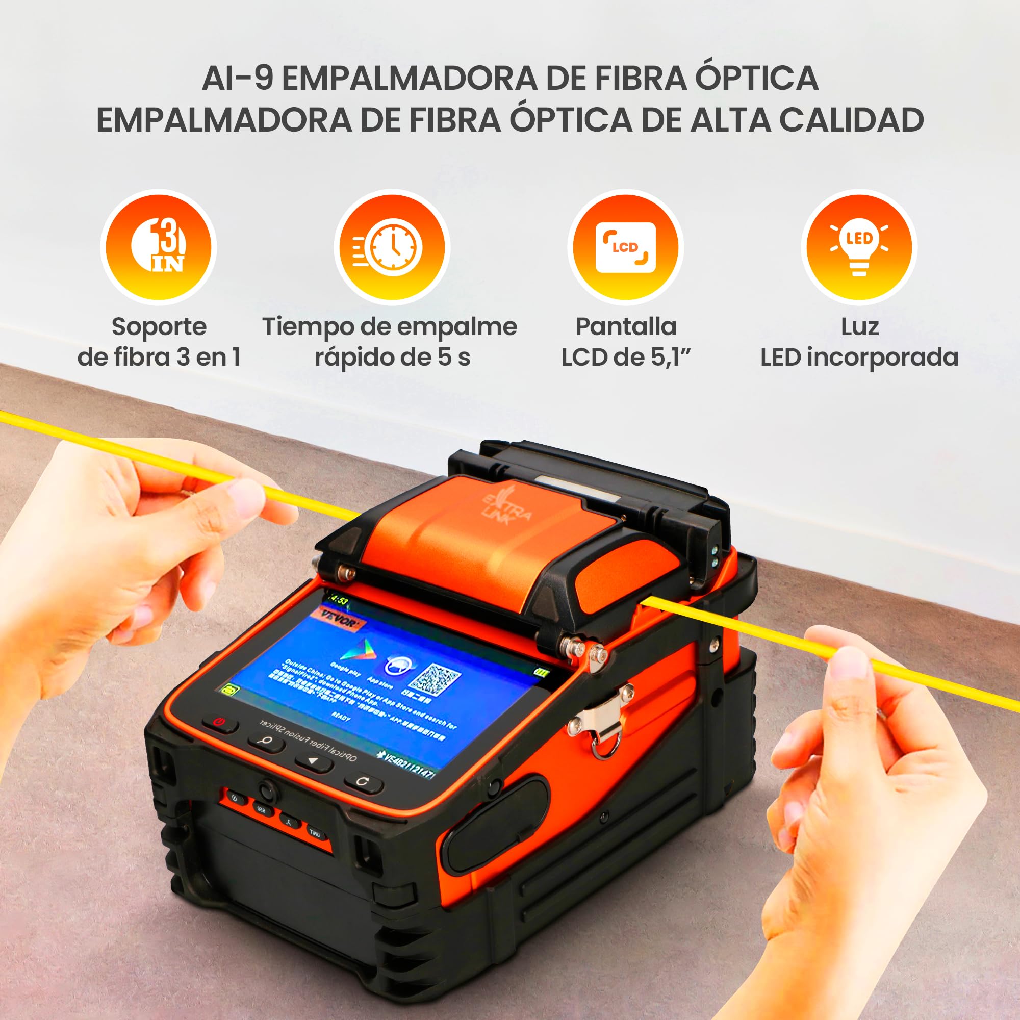 EXTRALINK Fusionadora de Fibra Óptica – Máquina de Fusión con 6 Motores, Batería 7800mAh, LCD 5,1" con Zoom 300x, App, Empalme 6s & Calentamiento 15s, Equipo Automático para FTTH, LAN – Kit Completo