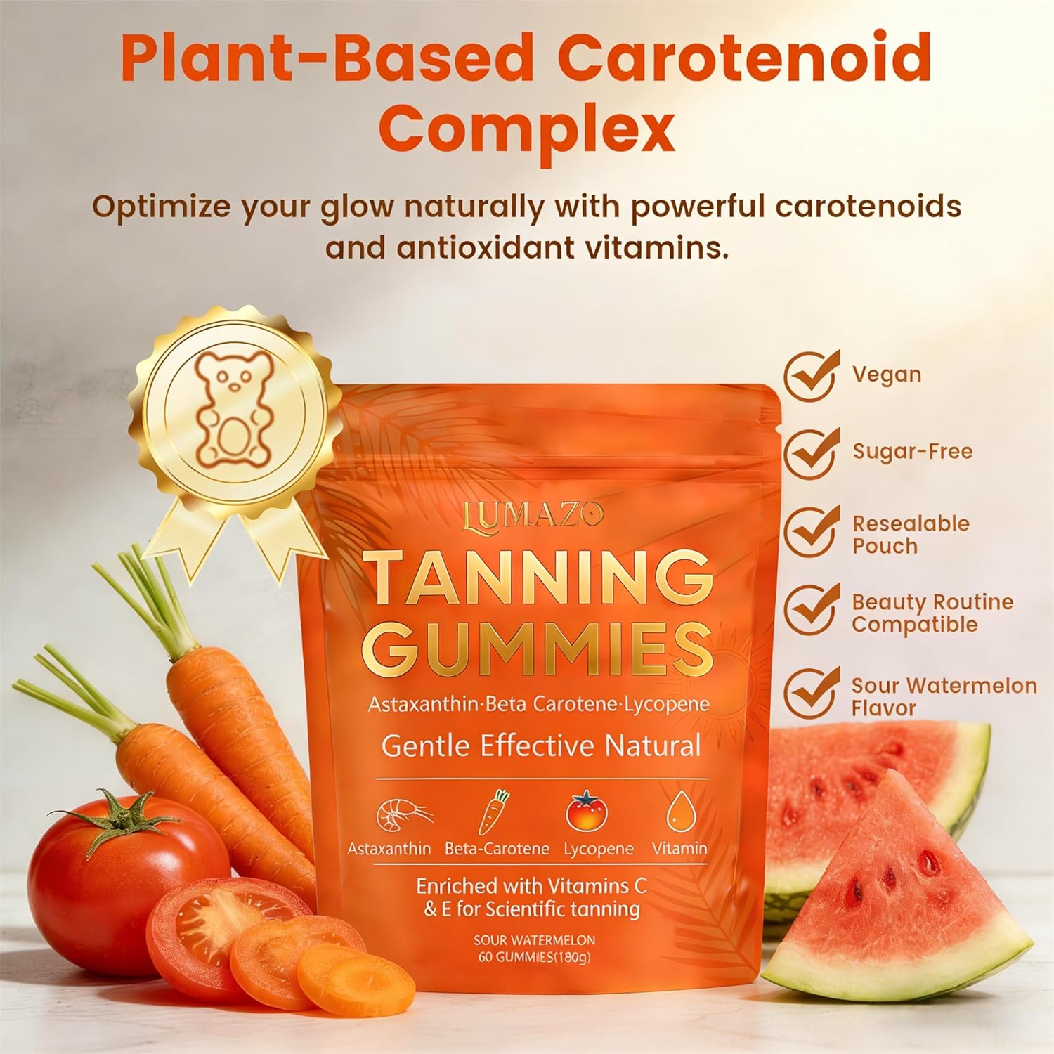 Skin Tanning Gummies, with Astaxanthin, Beta-Carotene, Lycopene & Vitamins, Radiant Healthy Skin, for a Natural, Golden Tan from Within, No Sun Required, 60 Count (2pcs)