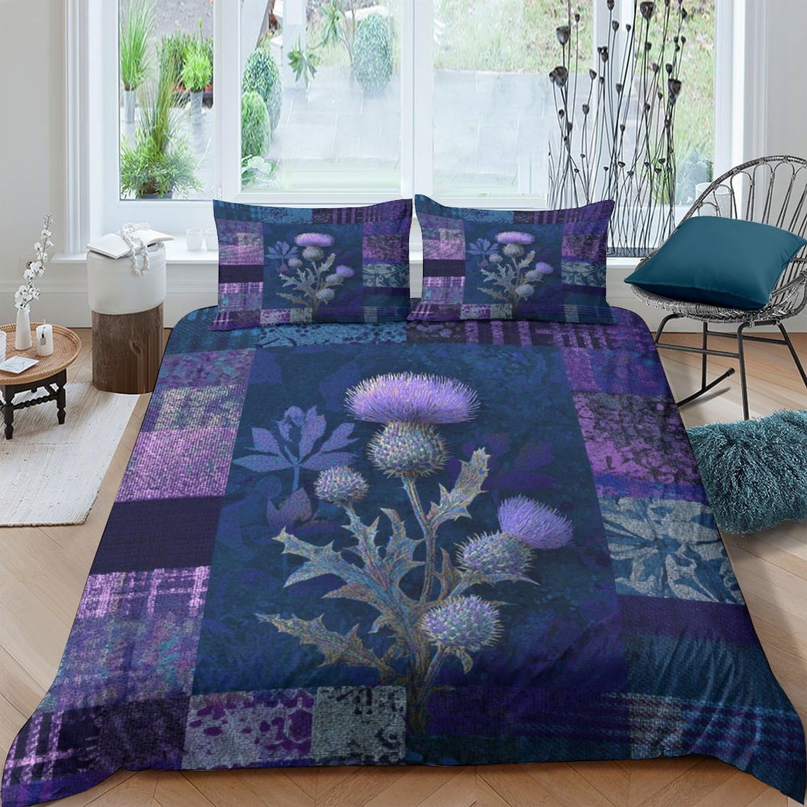 Ctjqhvkz Style-9 3D Printed Purple Thistle Fitted Sheet Microfiber Soft Breathable Botanical Patchwork Bed Cover For Bedroom Dorm Decor Single（135X200cm）