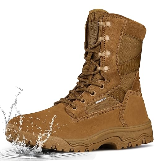 FREE SOLDIER Botas Táticas de Trabalho Masculinas, Cano de 8 Polegadas, Leves, Em Couro Camurça Resistente, Estilo Militar, Para Uso No Deserto (Marrom Impermeável, Tamanho 10).
