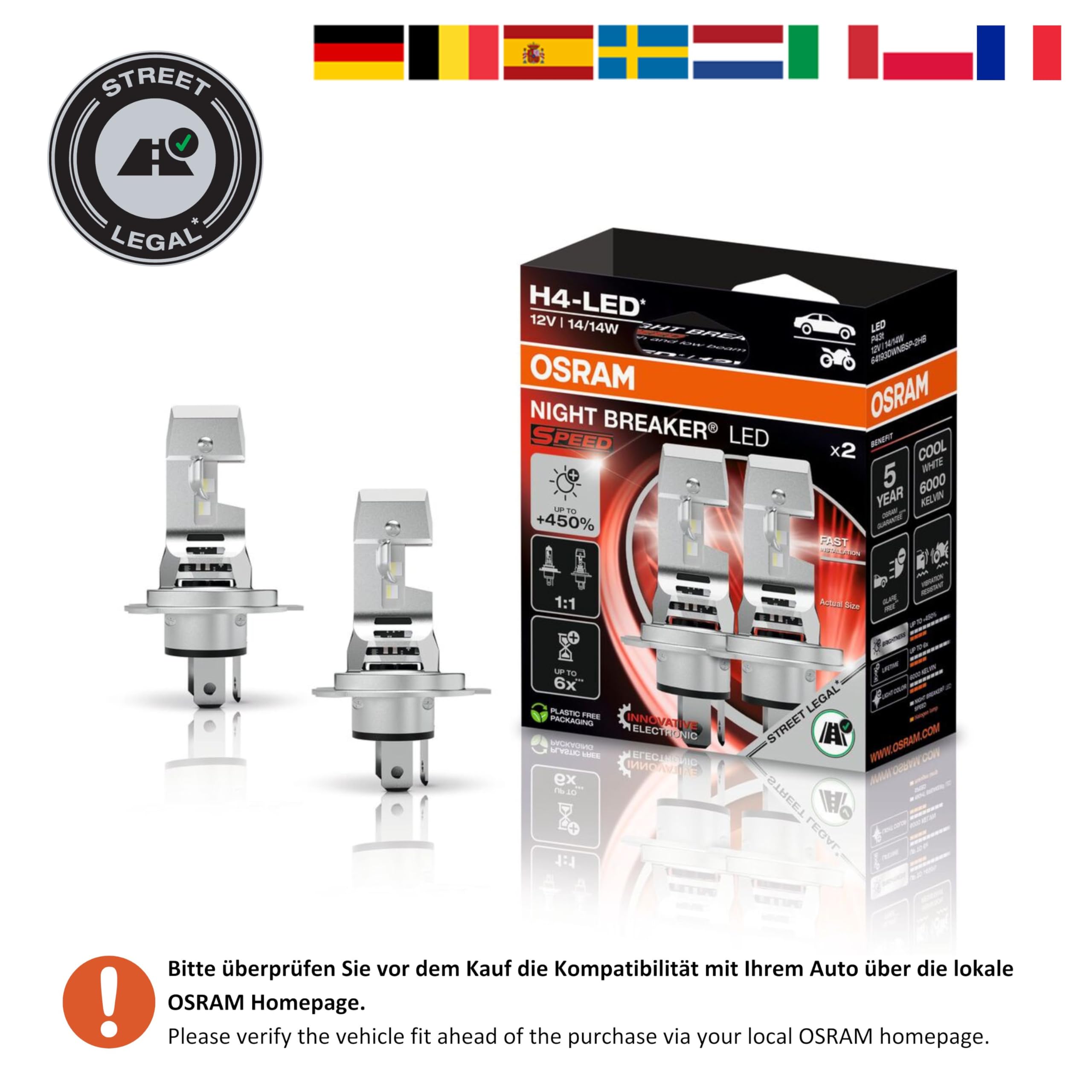 OSRAM Night Breaker LED H7 - Straßenzugelassen Für Motorräder, 450% Heller