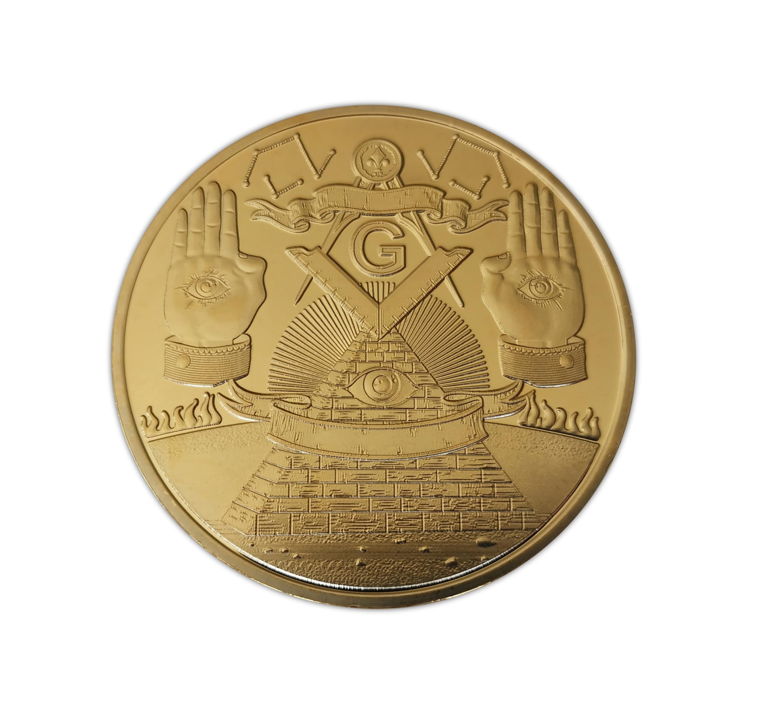 Eillwin Gold Masonic Challenge Big 50Mm Coin - Master Mason Freemasonry Brotherhood Commemorative Souvenir With Working Tools & Lodge Symbols
