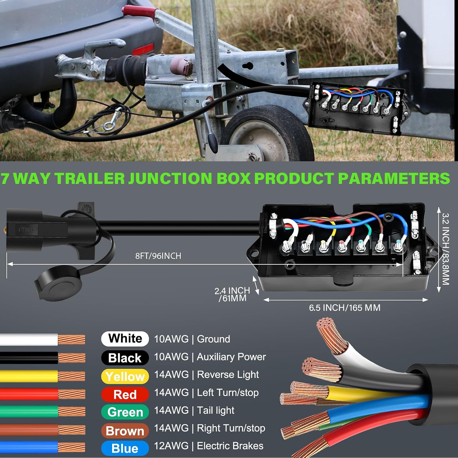 8 FT Heavy Duty Pure Coppe 7 Way Trailer Plug with Trailer Junction Box 7 Pole Waterproof for RVs Campers 7 Gang Junction Box Kit 96"
