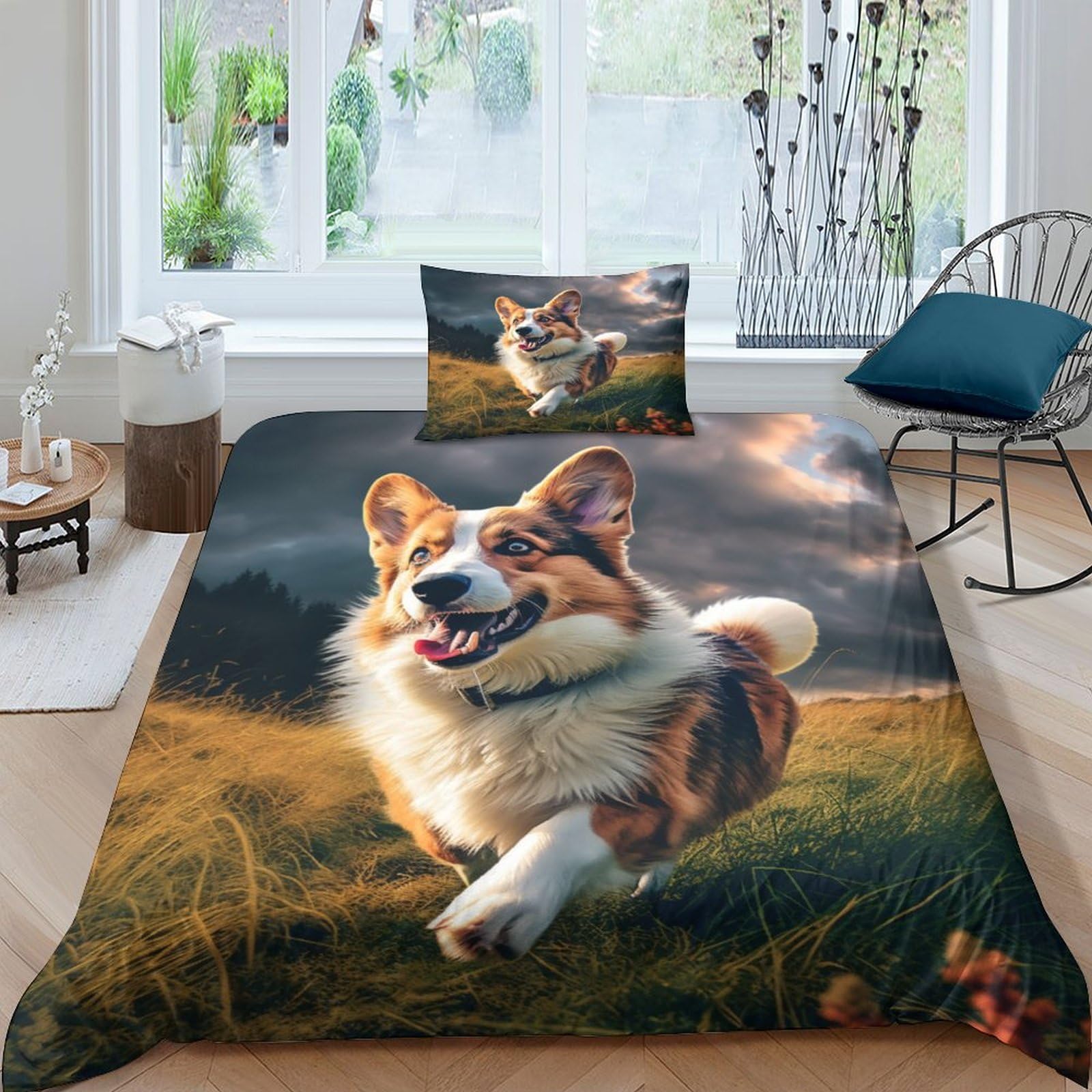 Parure de lit Corgi 135x200cm avec housse de couette imprimée 3D en microfibre et sa taie