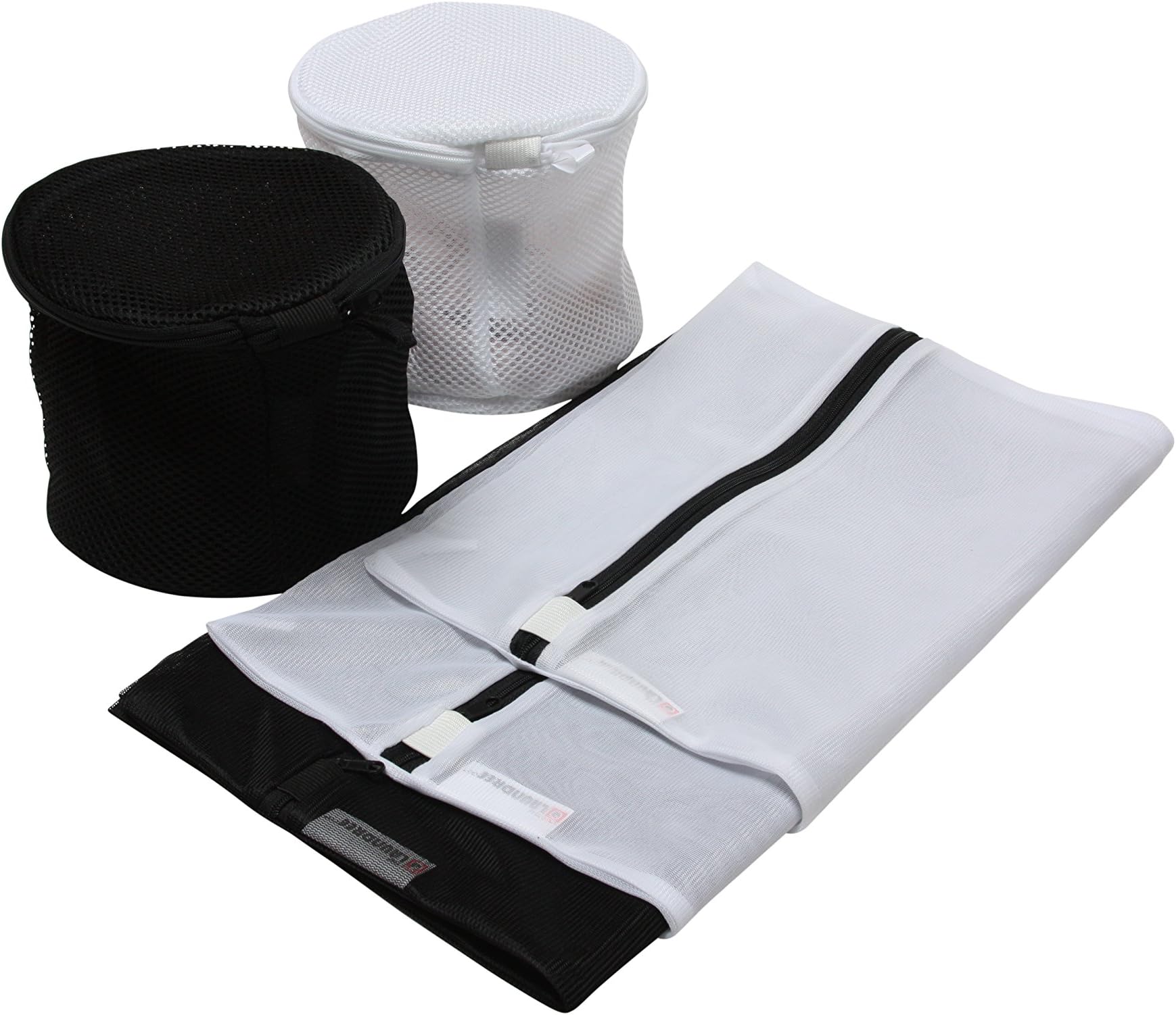 Mesh Laundry Bags - Set of 5 (2 Large, 1 Medium & 2 Premium Round Double Layer Wash Bags - White & Black) for Delicates, Reusable Face Masks, Socks, Baby Items and Laundry Travel Organization