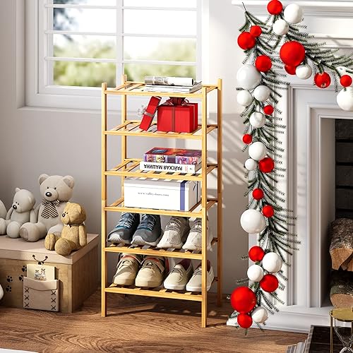 Miniatura 119 de Zapatero de bambú de 2 niveles para entrada, apilable, resistente, multifuncional, zapatero independiente para dormitorio, pasillo, armario Natural