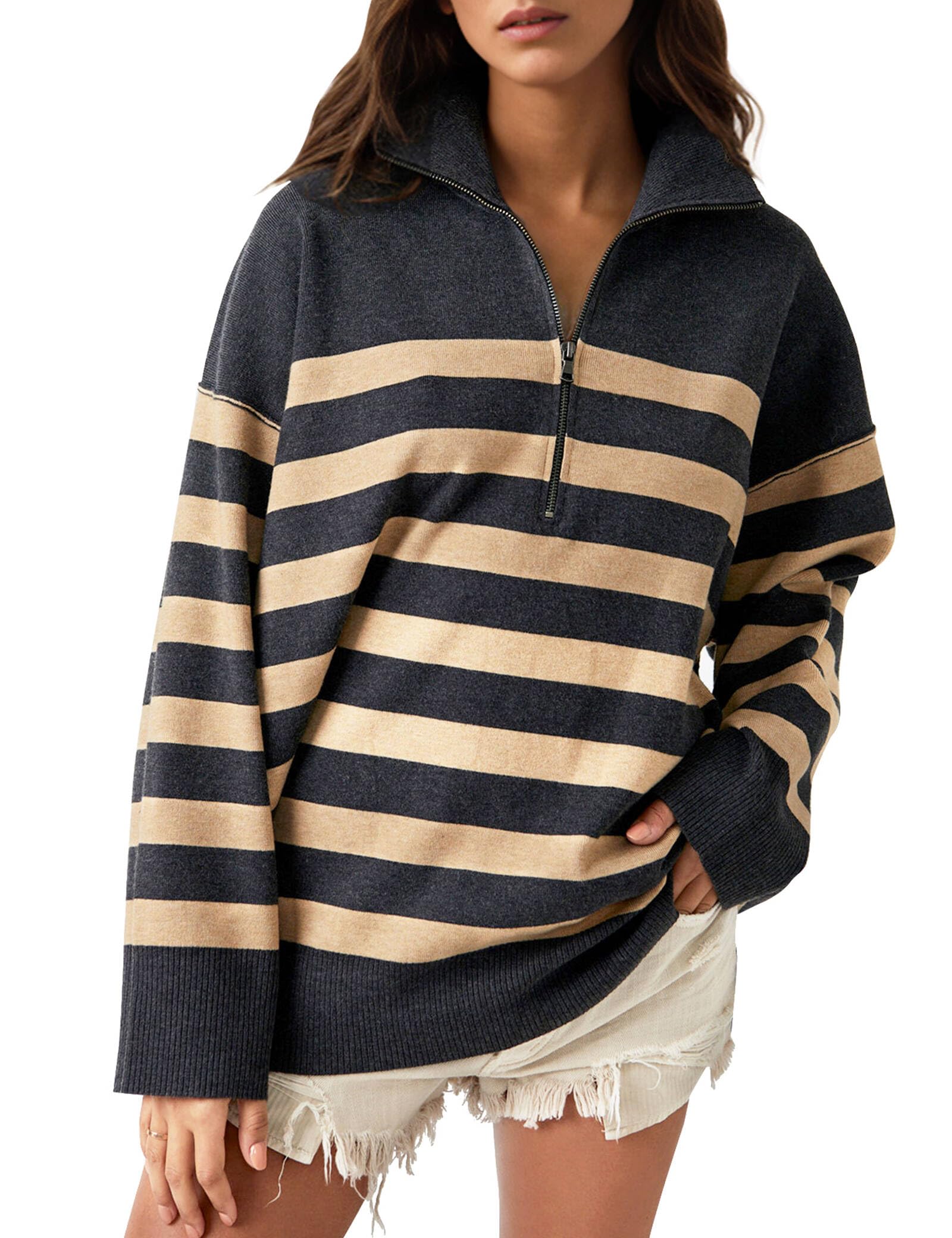 Knit Coastal Stripe Pullover for Women Oversized Fit Medium Weight Sweater with Quarter Zip Neckline 2024 Fall Winter